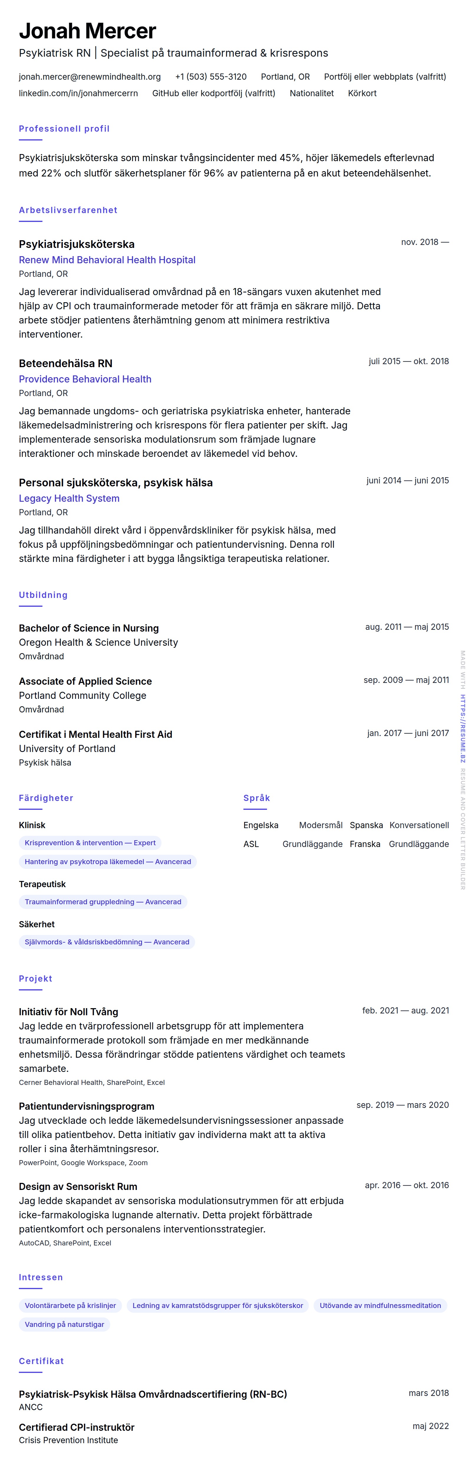 CV-förhandsgranskning för Exempel på CV för Psykiatrisjuksköterska