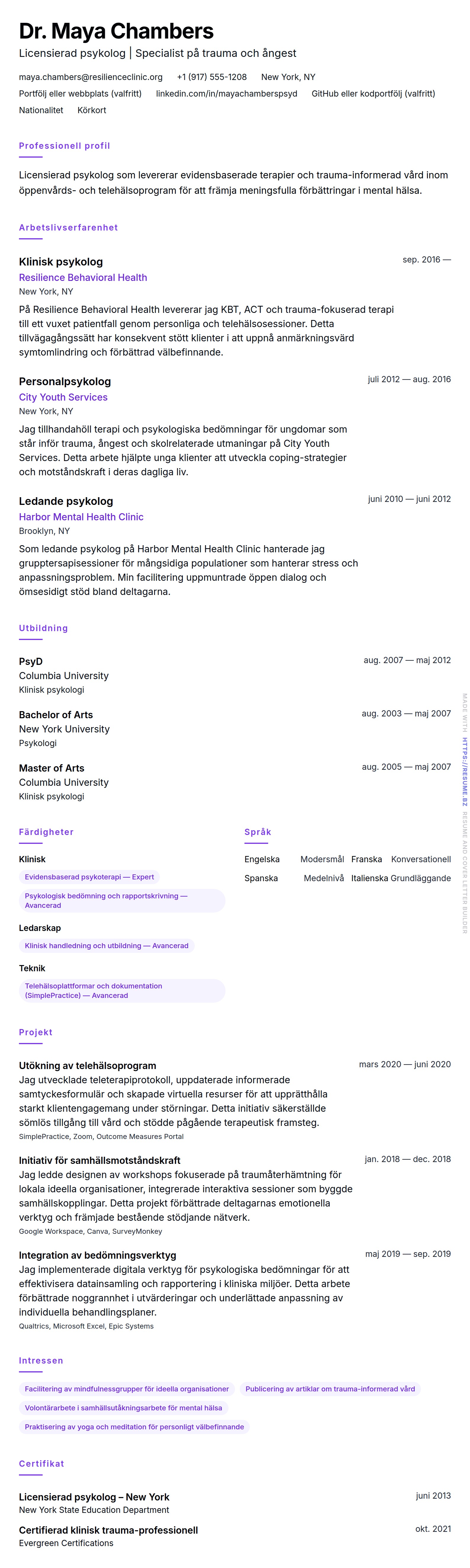 CV-förhandsgranskning för Psykolog CV-exempel