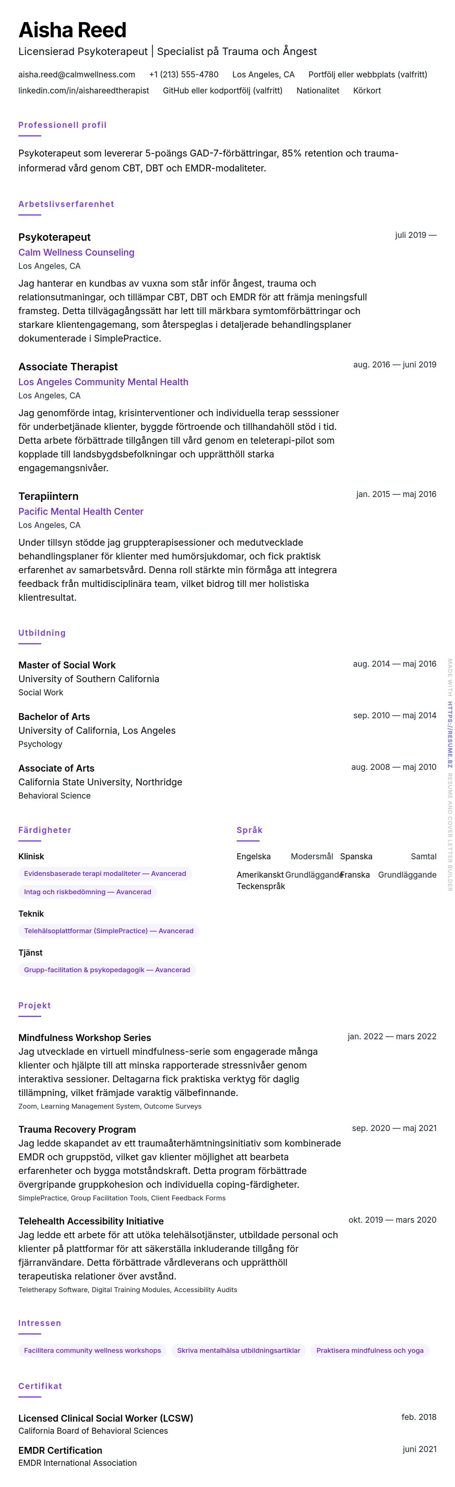 CV-förhandsgranskning för Psykoterapeut CV-exempel