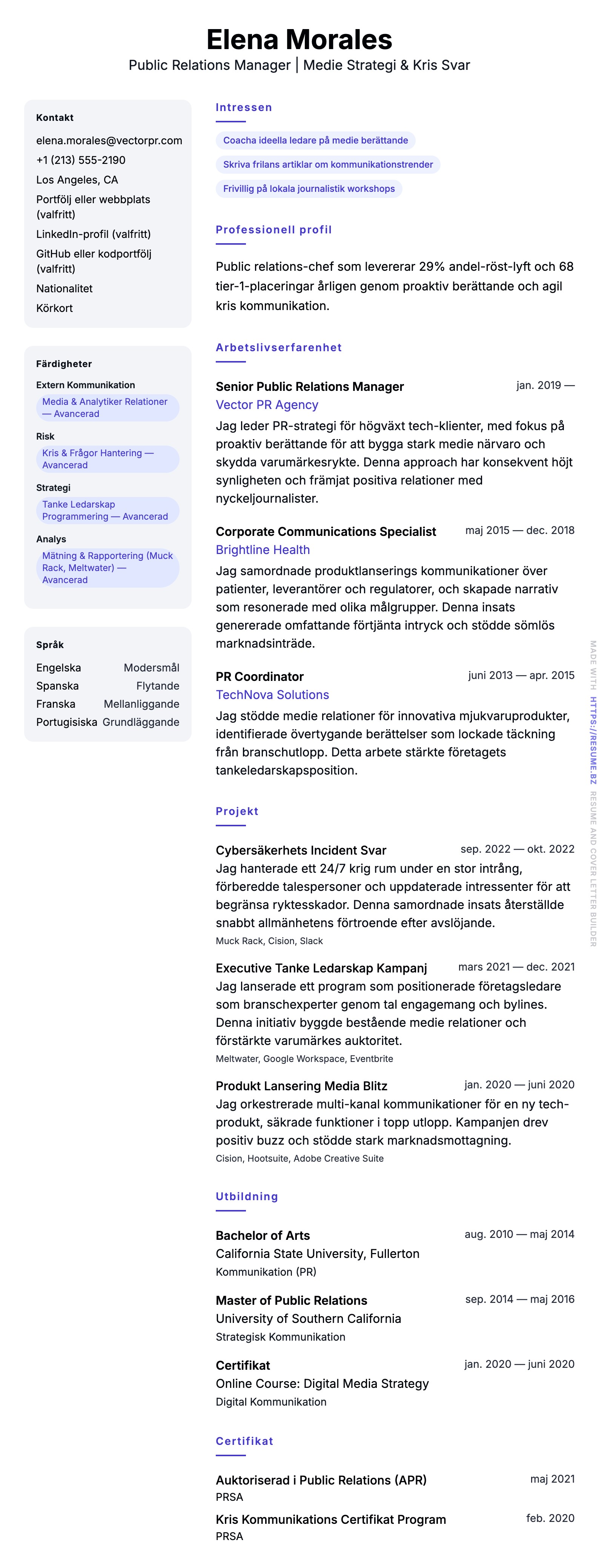 CV-förhandsgranskning för Public Relations Manager CV-exempel