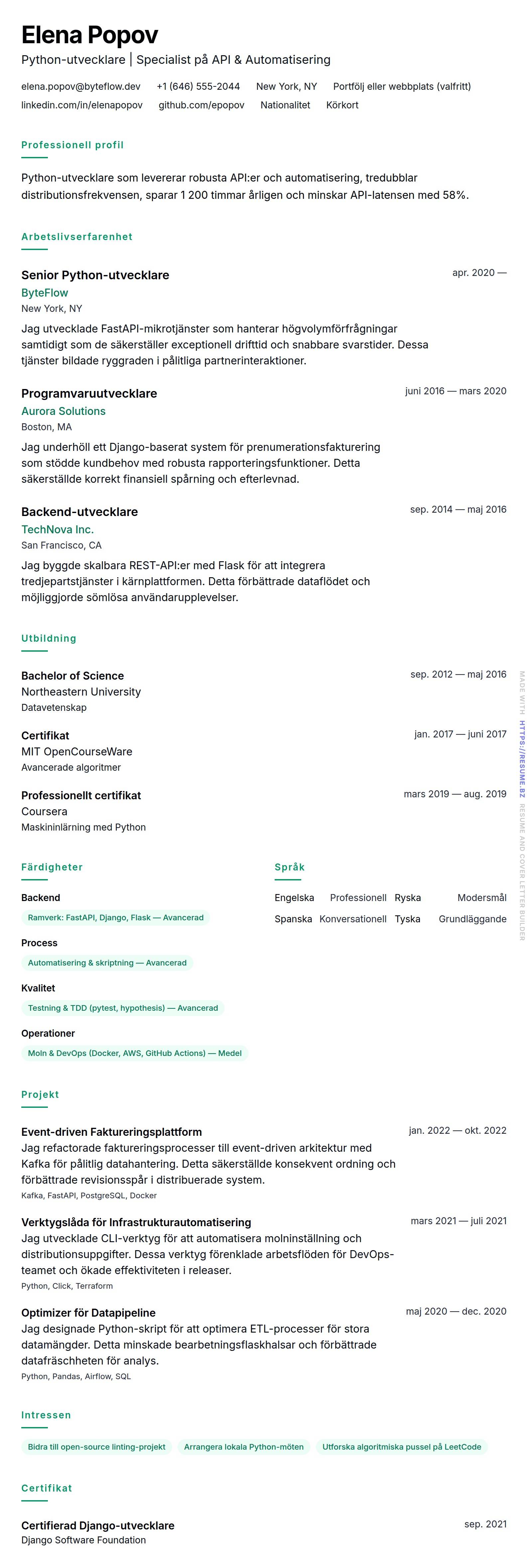CV-förhandsgranskning för Exempel på CV för Python-utvecklare