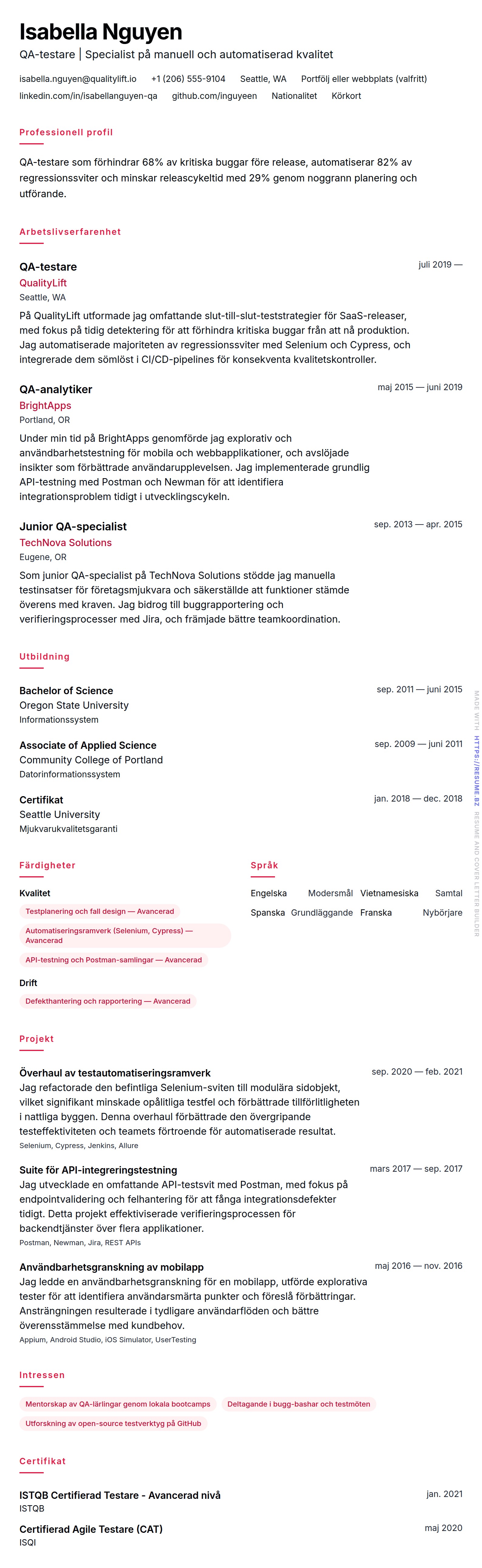 CV-förhandsgranskning för Exempel på CV för QA-testare
