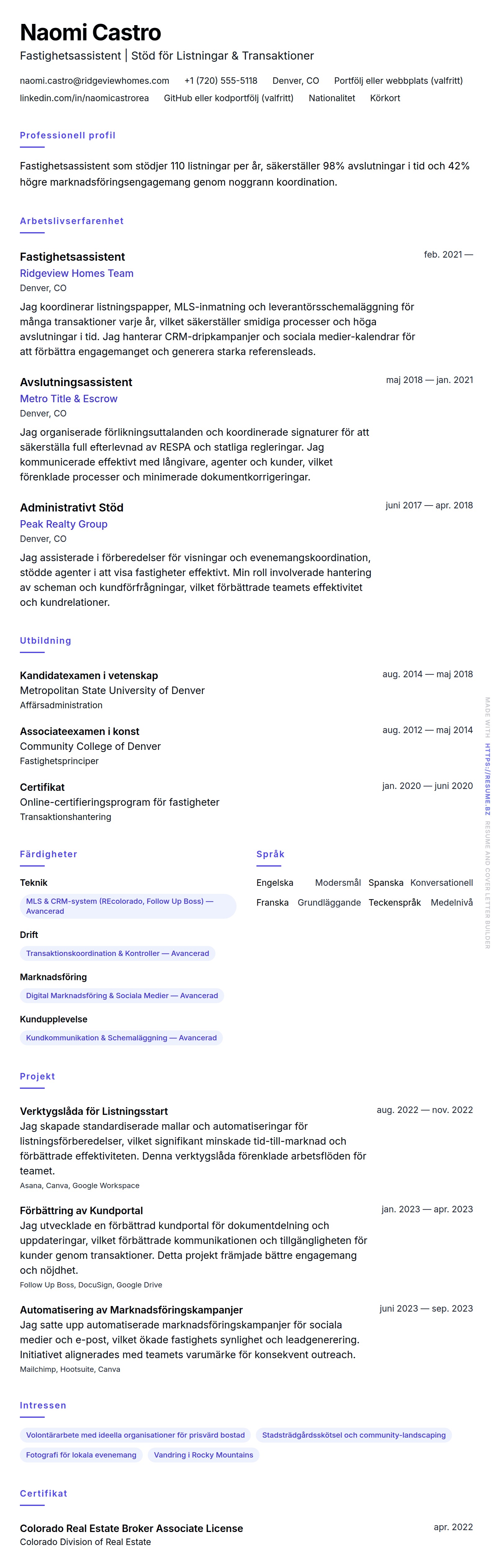CV-förhandsgranskning för Exempel på CV för Fastighetsassistent