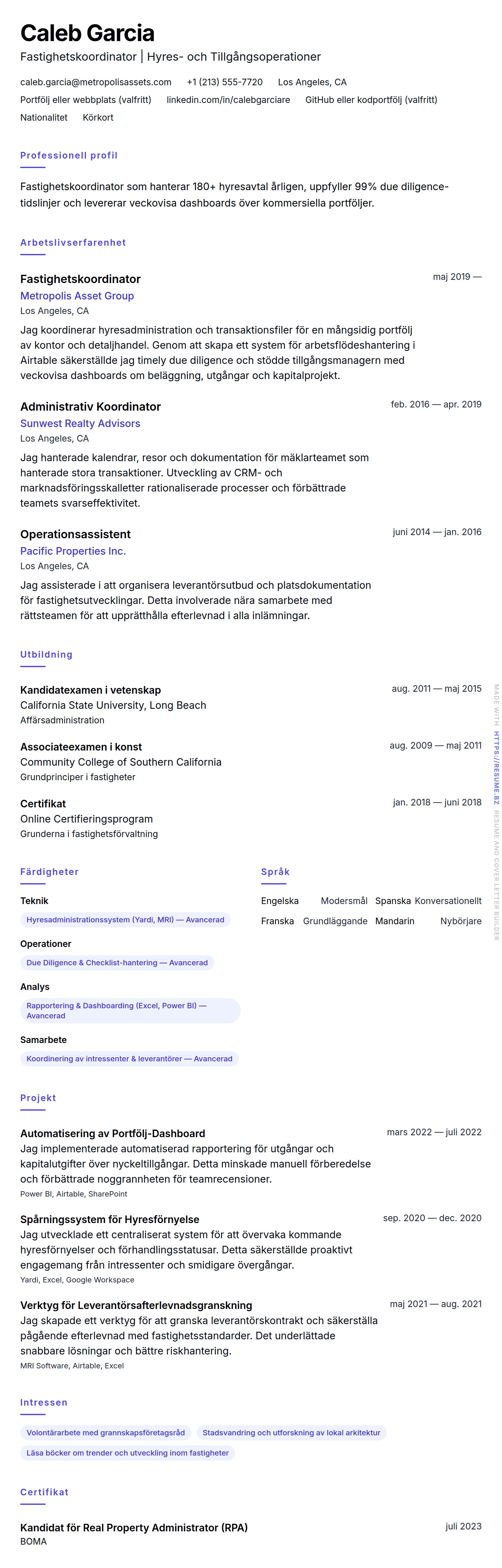 Exempel på CV för Fastighetskoordinator