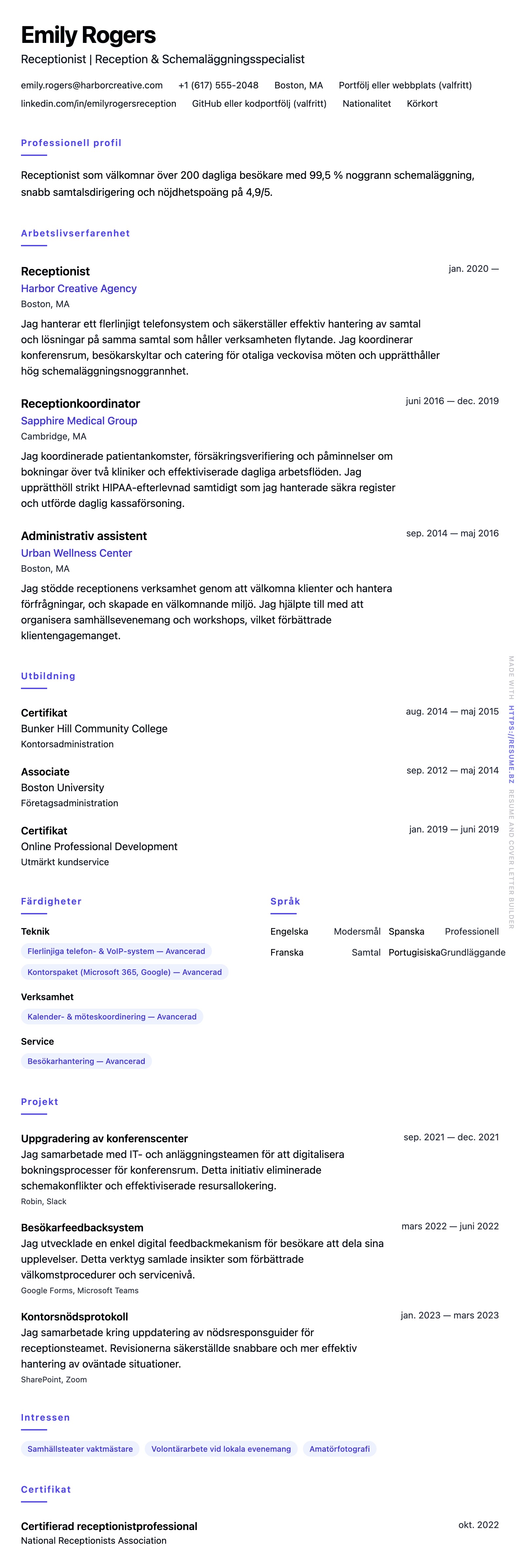 CV-förhandsgranskning för Receptionist CV-exempel