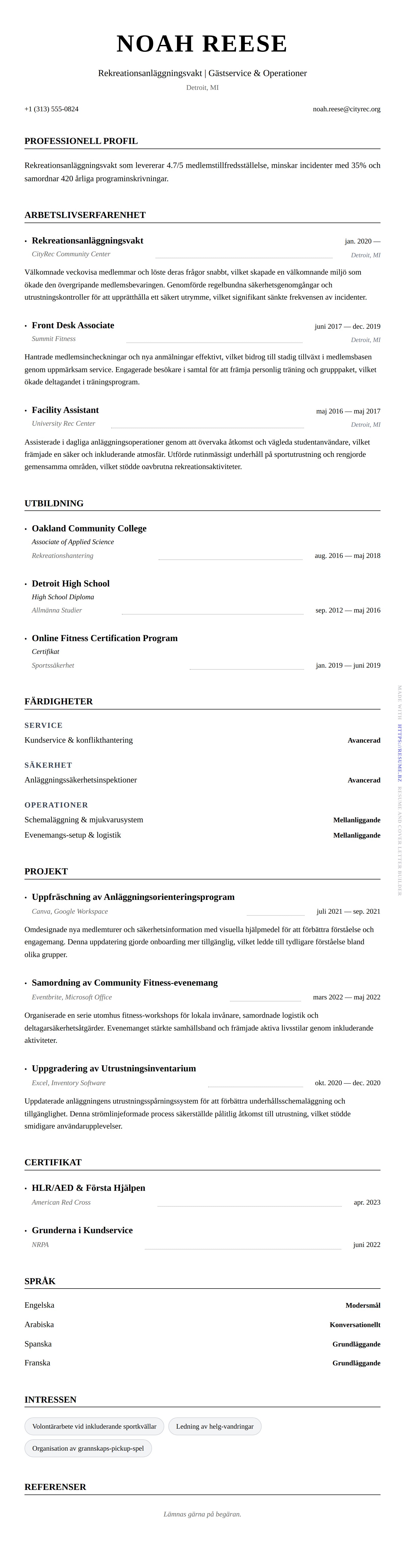 CV-förhandsgranskning för Rekreationsanläggningsvakt CV-exempel