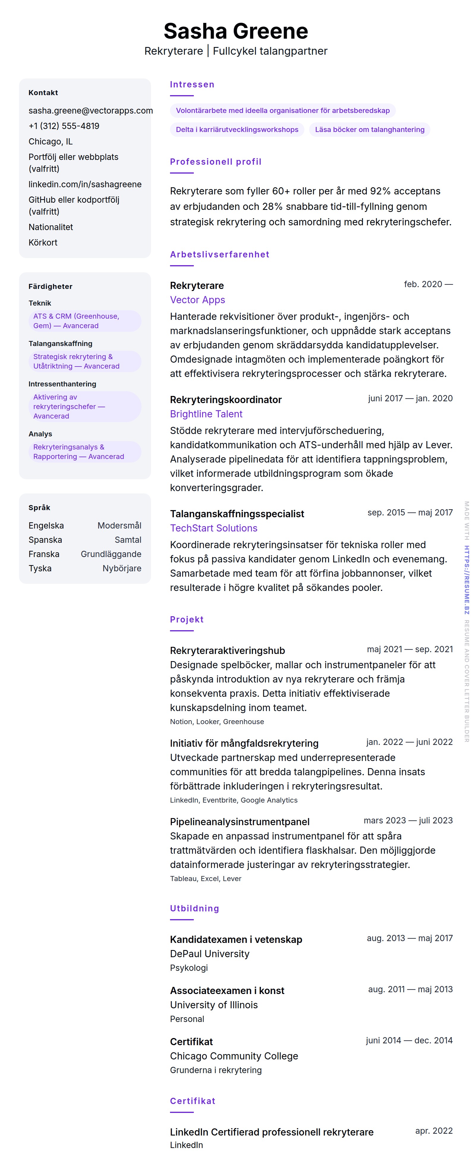 CV-förhandsgranskning för Exempel på rekryterar-CV