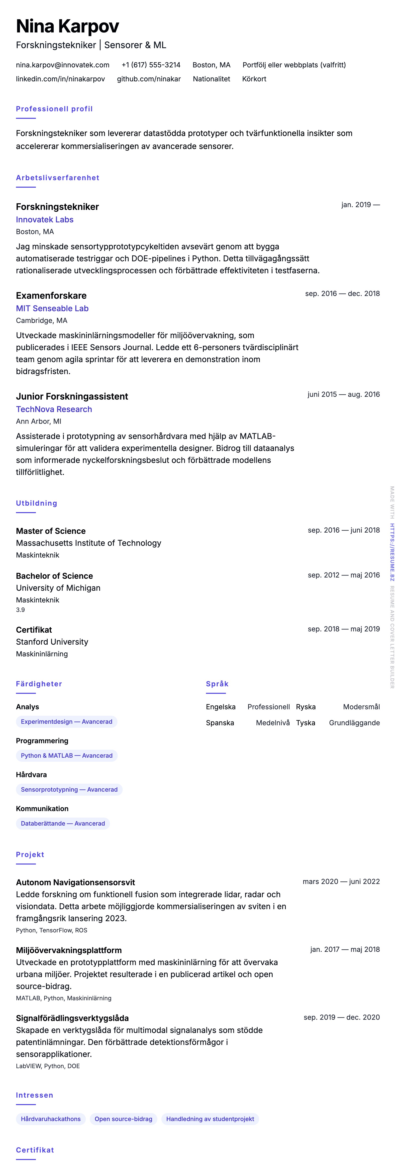 CV-förhandsgranskning för Exempel på CV för Forskningstekniker