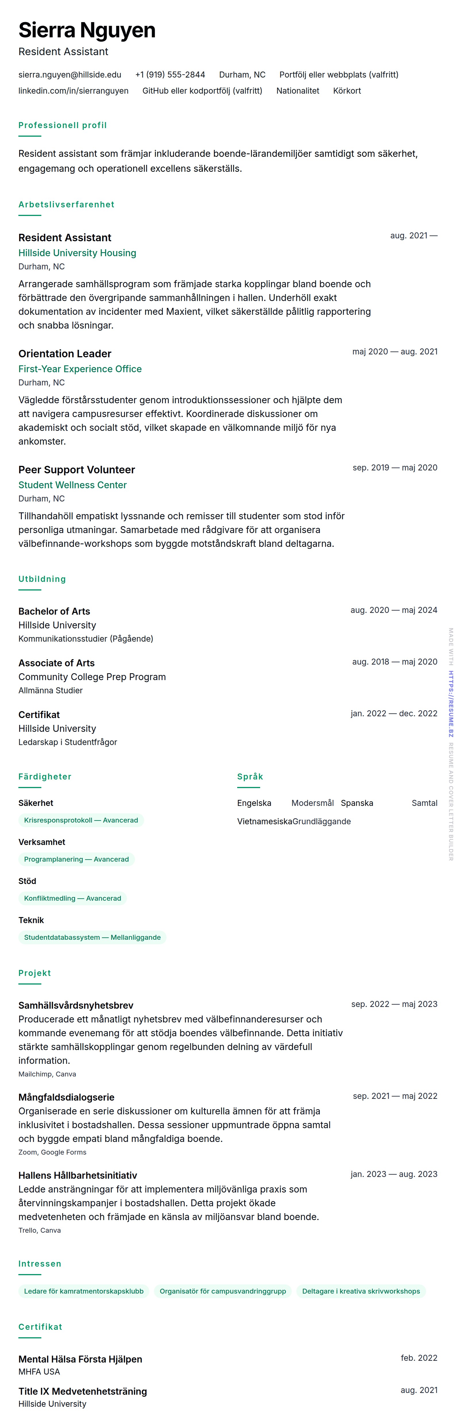CV-förhandsgranskning för Resident Assistant CV-exempel