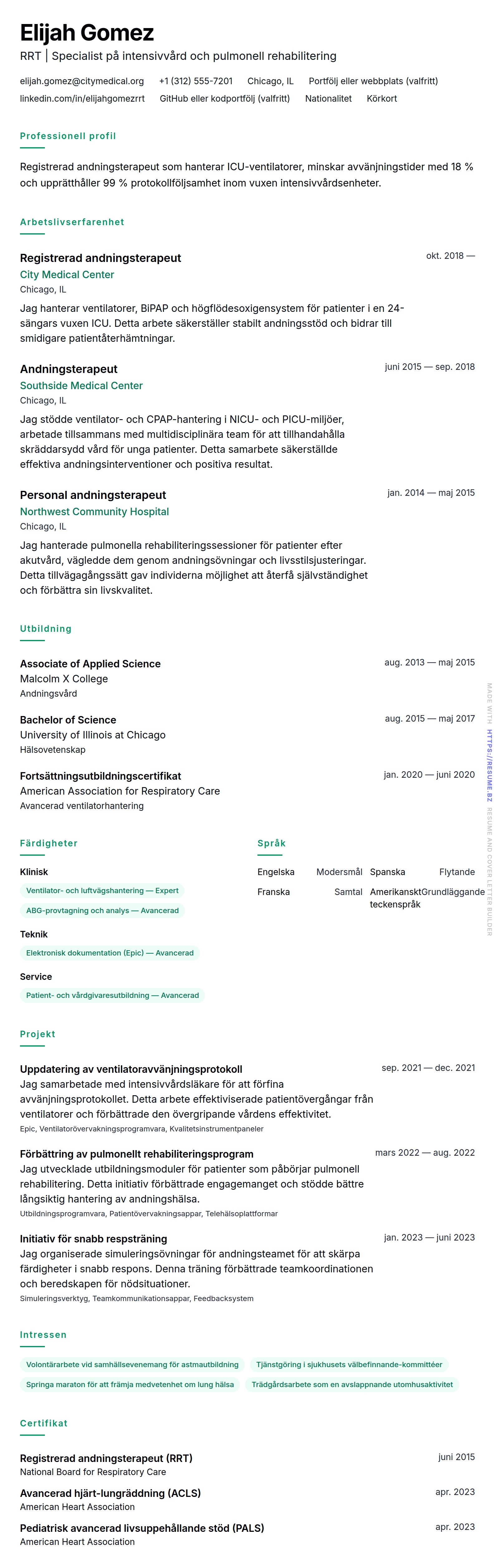 CV-förhandsgranskning för Exempel på CV för andningsterapeut