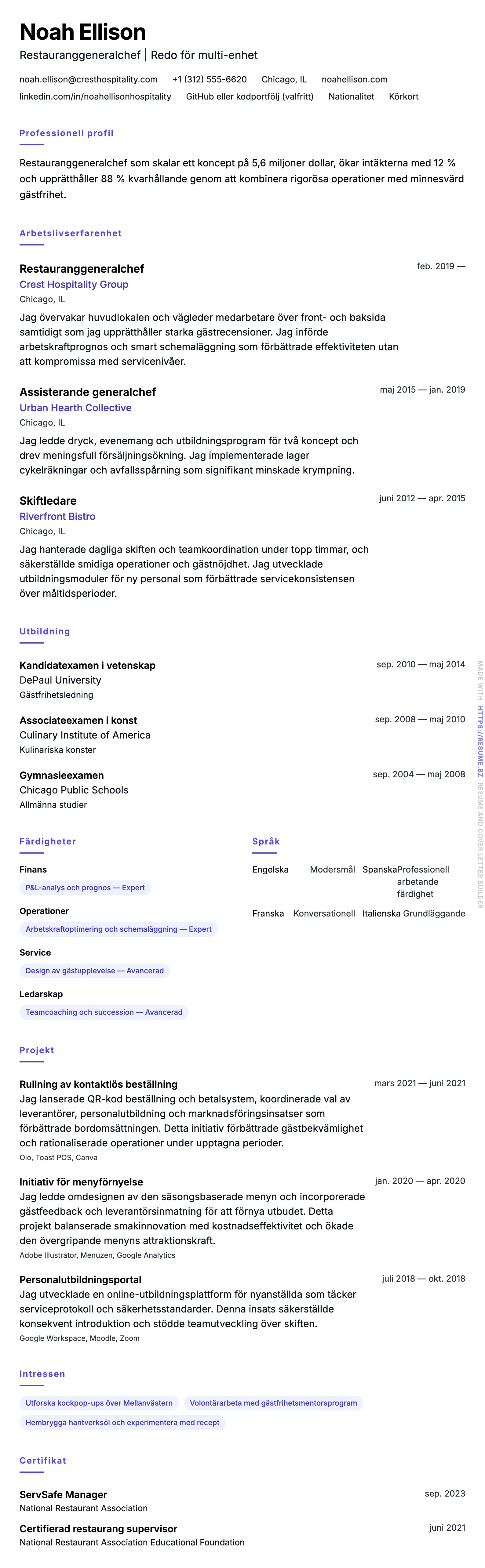 CV-förhandsgranskning för Exempel på CV för restaurangchef