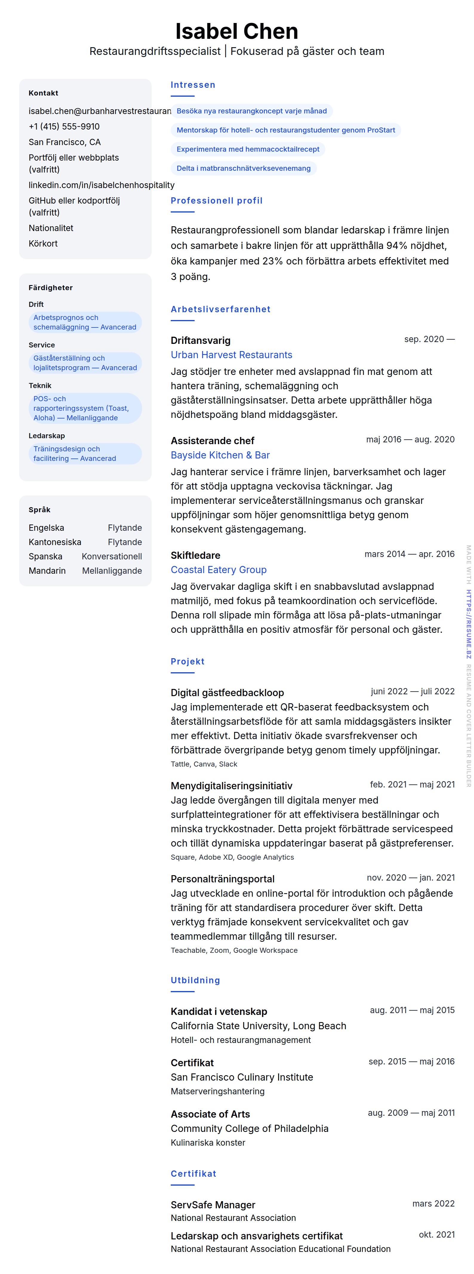 Restaurangprofessionell CV-exempel