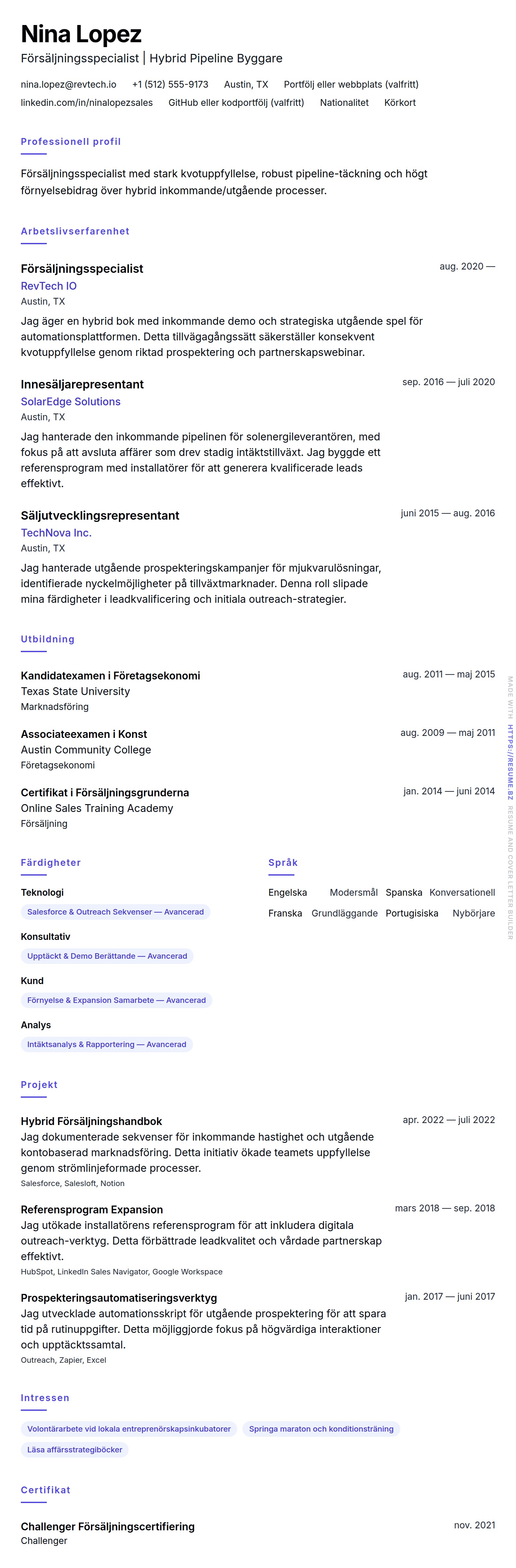 CV-förhandsgranskning för Försäljningsspecialist CV-exempel