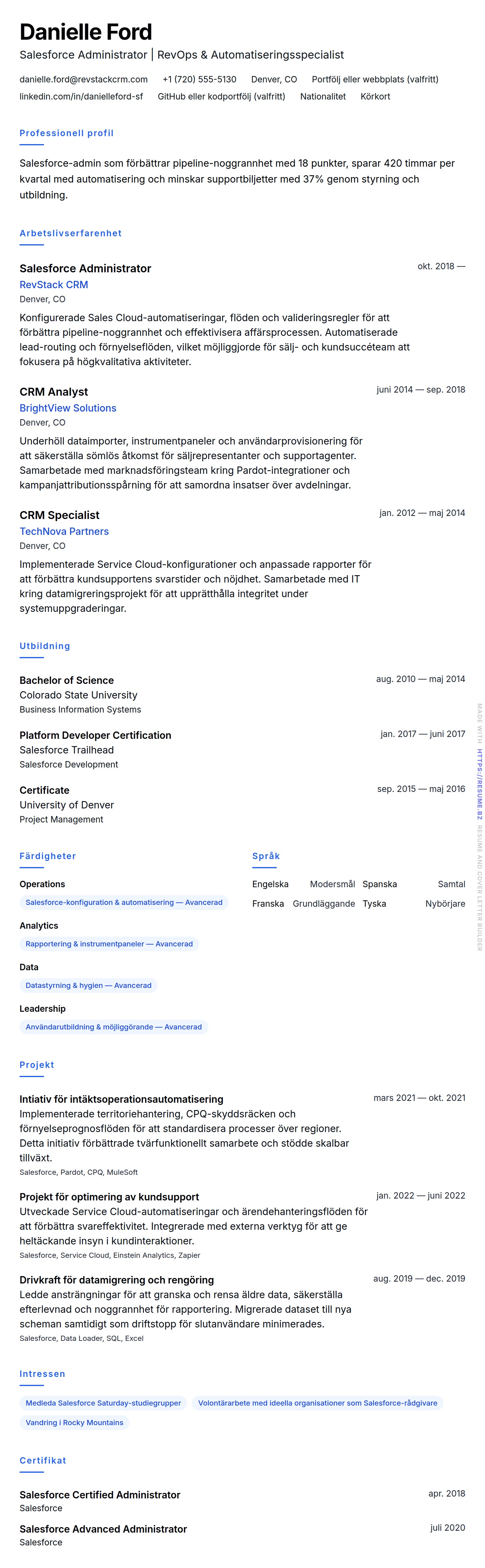 Salesforce Admin CV-exempel