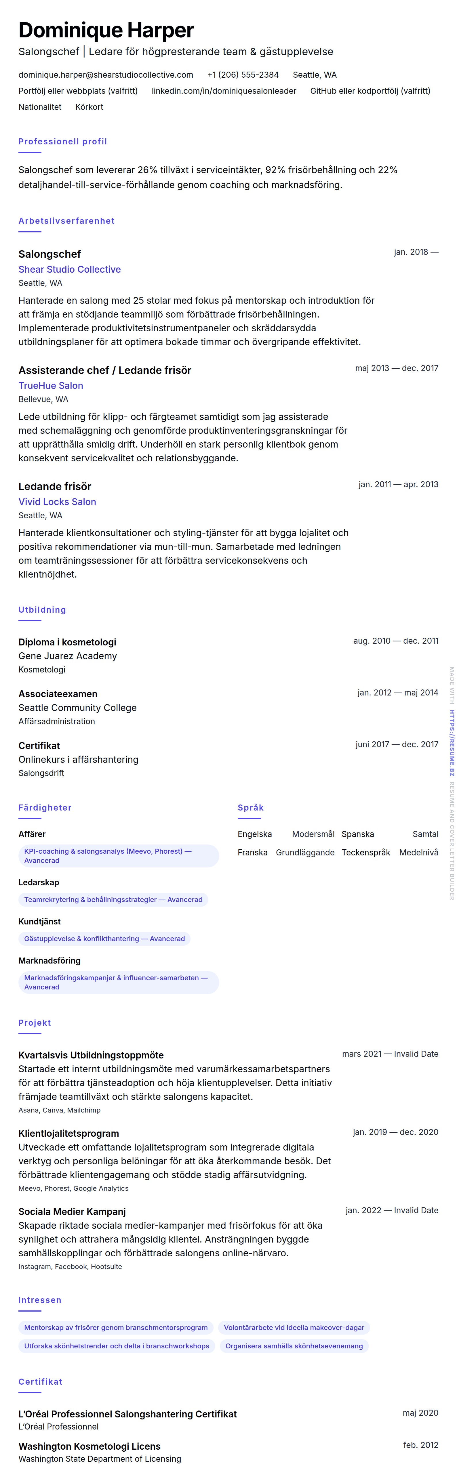 CV-förhandsgranskning för Exempel på CV för Salongschef