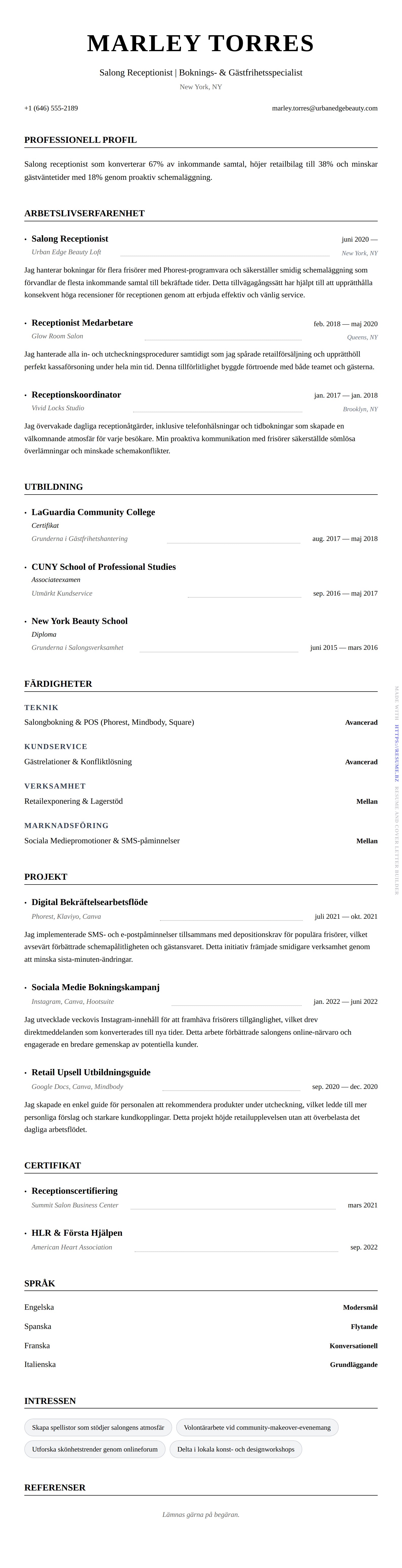 CV-förhandsgranskning för Salong Receptionist CV-Exempel