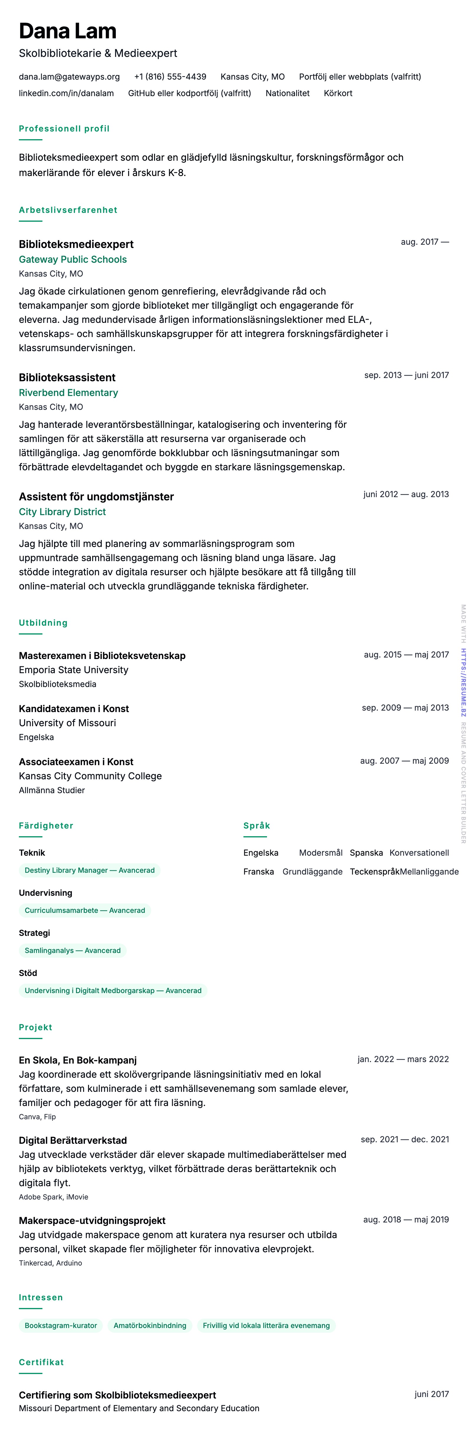 CV-förhandsgranskning för Bibliotekariexempel på CV