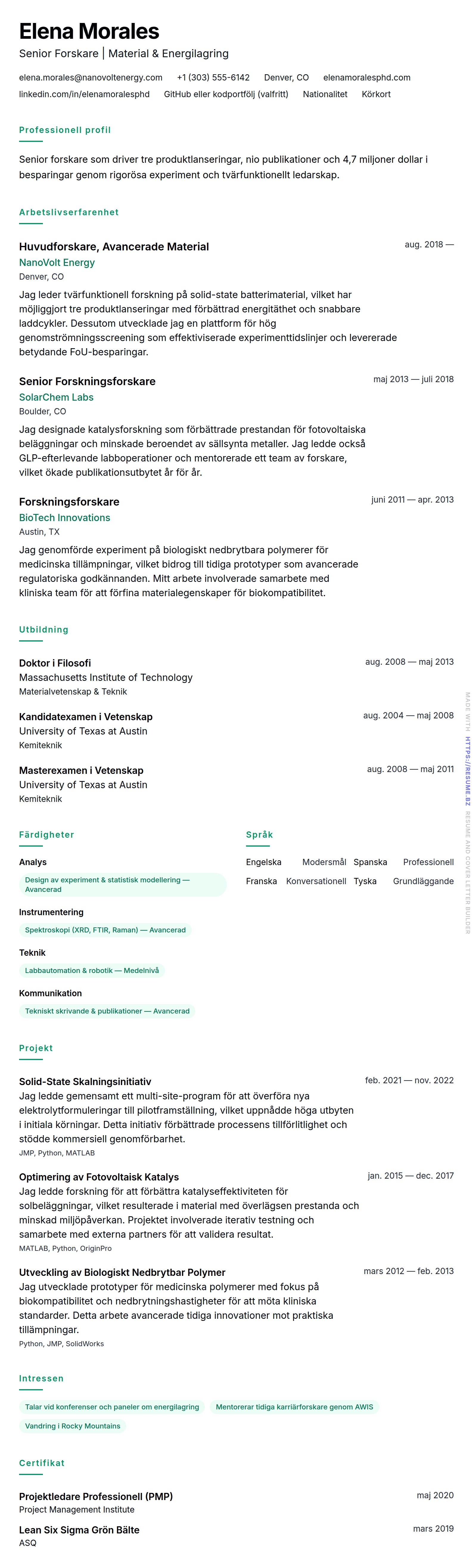 CV-förhandsgranskning för Forskare CV-exempel