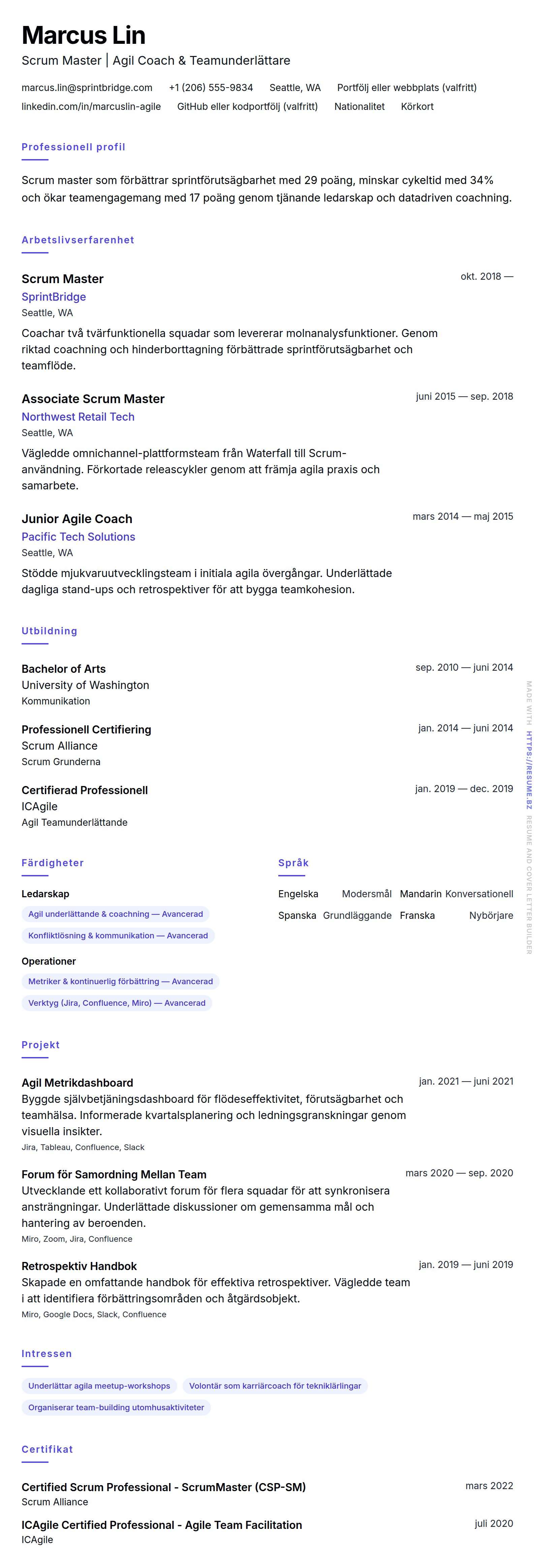 CV-förhandsgranskning för Scrum Master CV-exempel