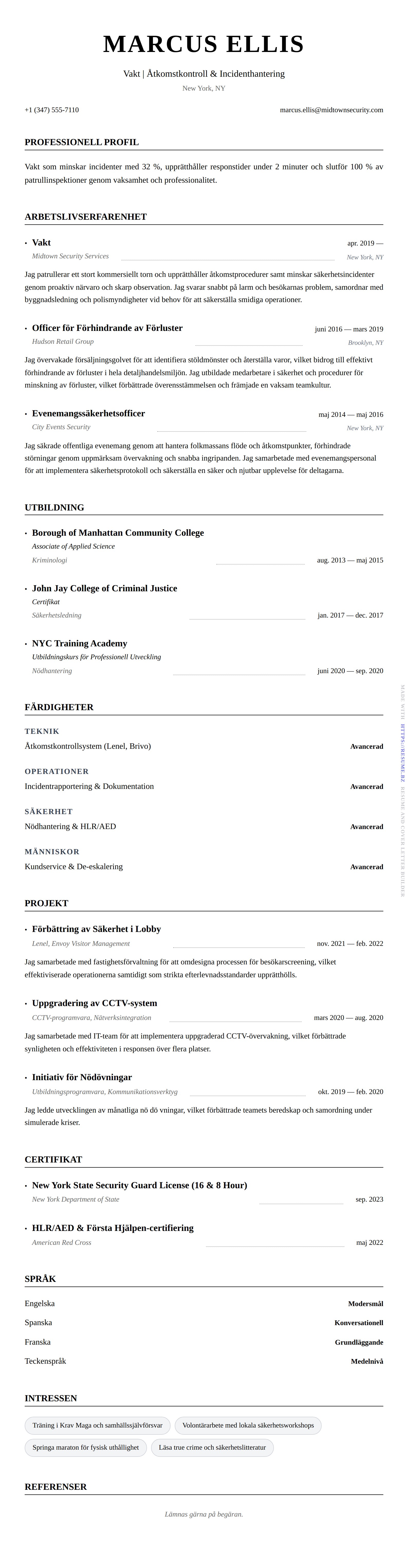 CV-förhandsgranskning för Exempel på CV för Vakt
