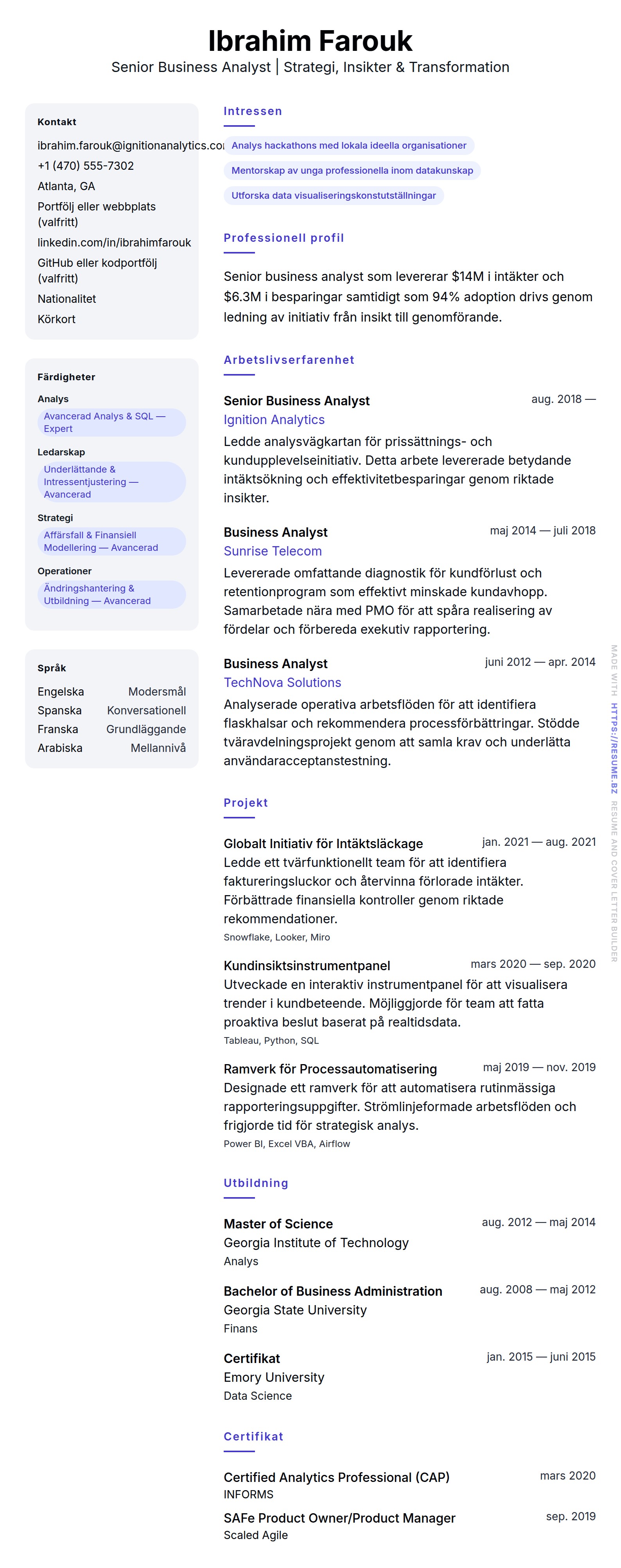 CV-förhandsgranskning för Exempel på CV för Senior Business Analyst
