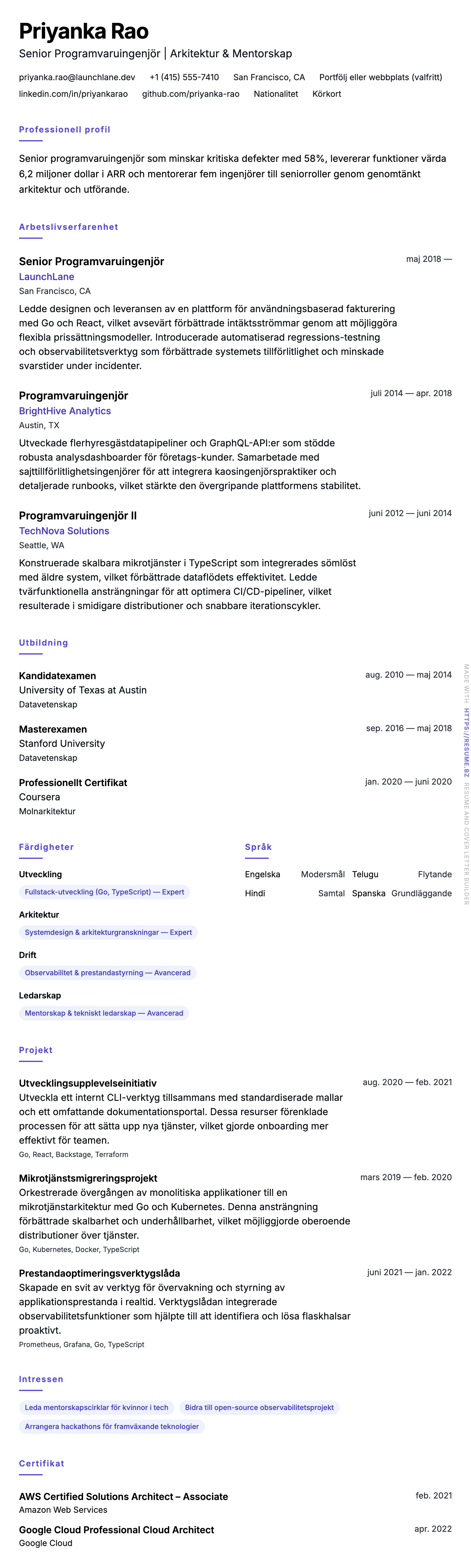 CV-förhandsgranskning för Senior Programvaruingenjör CV-exempel