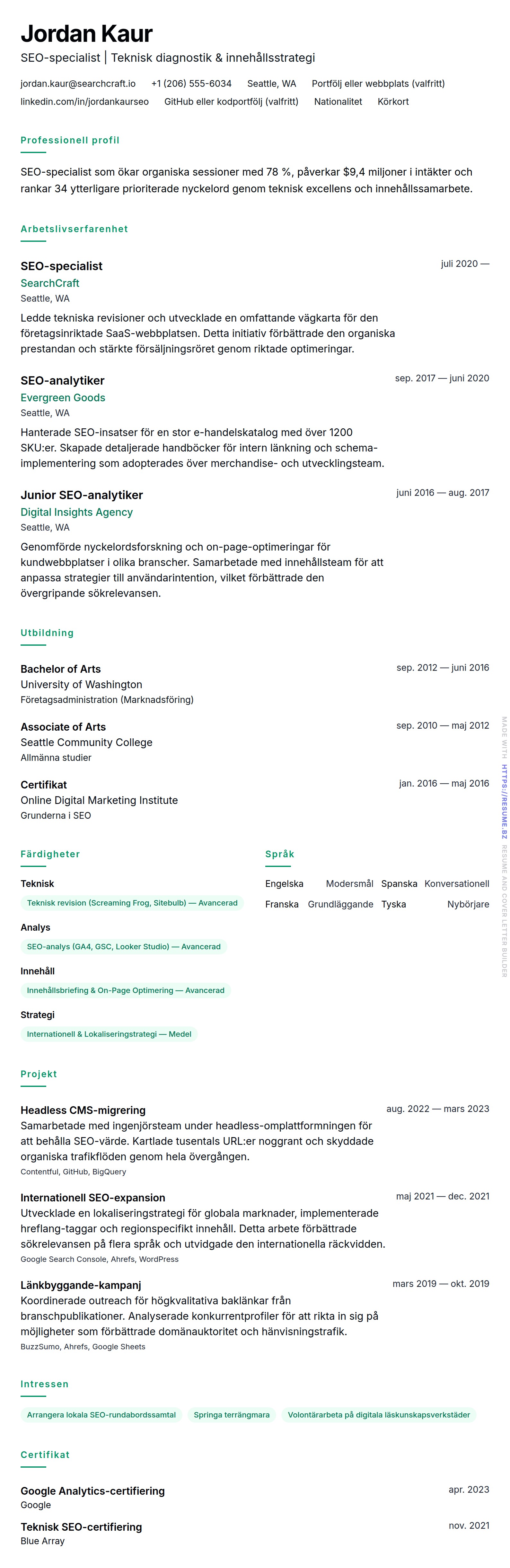 CV-förhandsgranskning för Exempel på CV för SEO-specialist