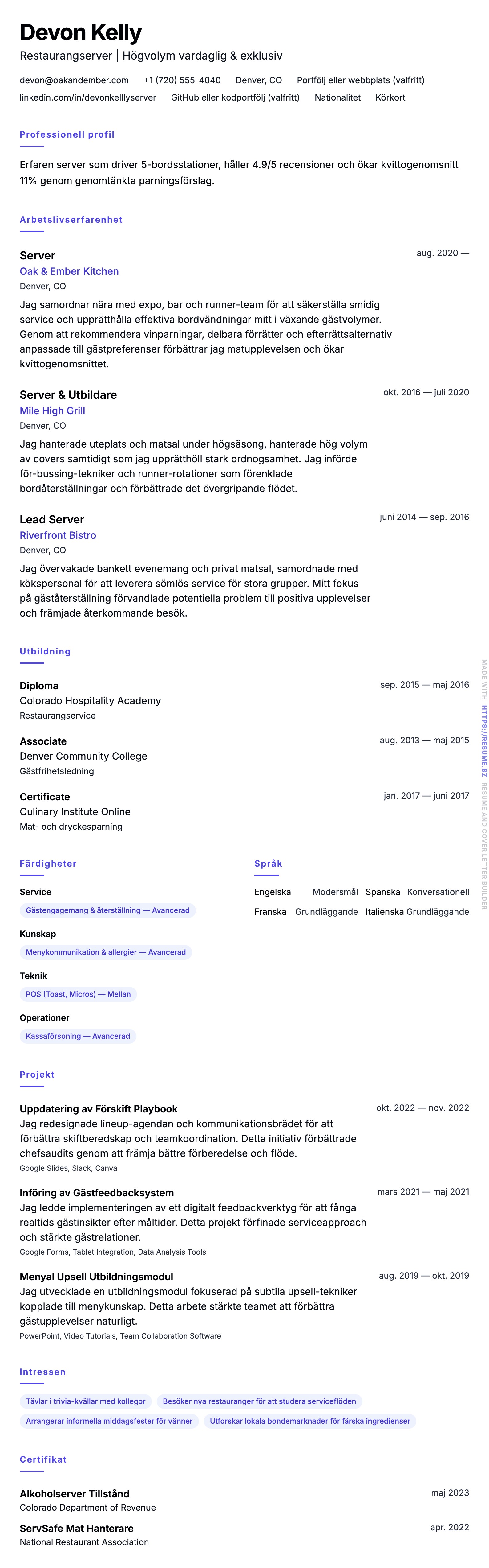 CV-förhandsgranskning för Server CV-exempel