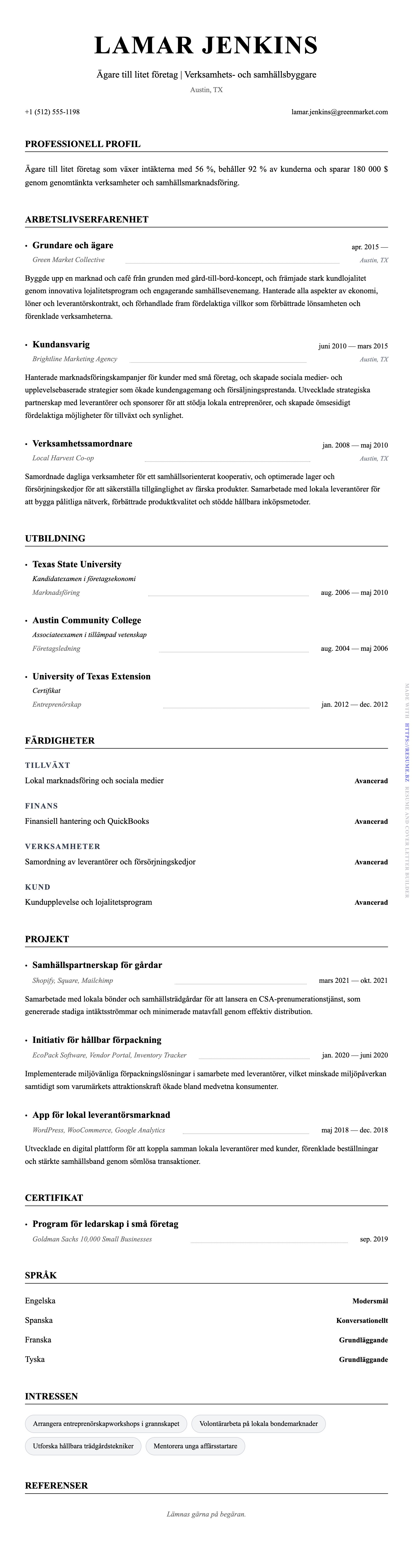 CV-förhandsgranskning för Exempel på CV för ägare till litet företag
