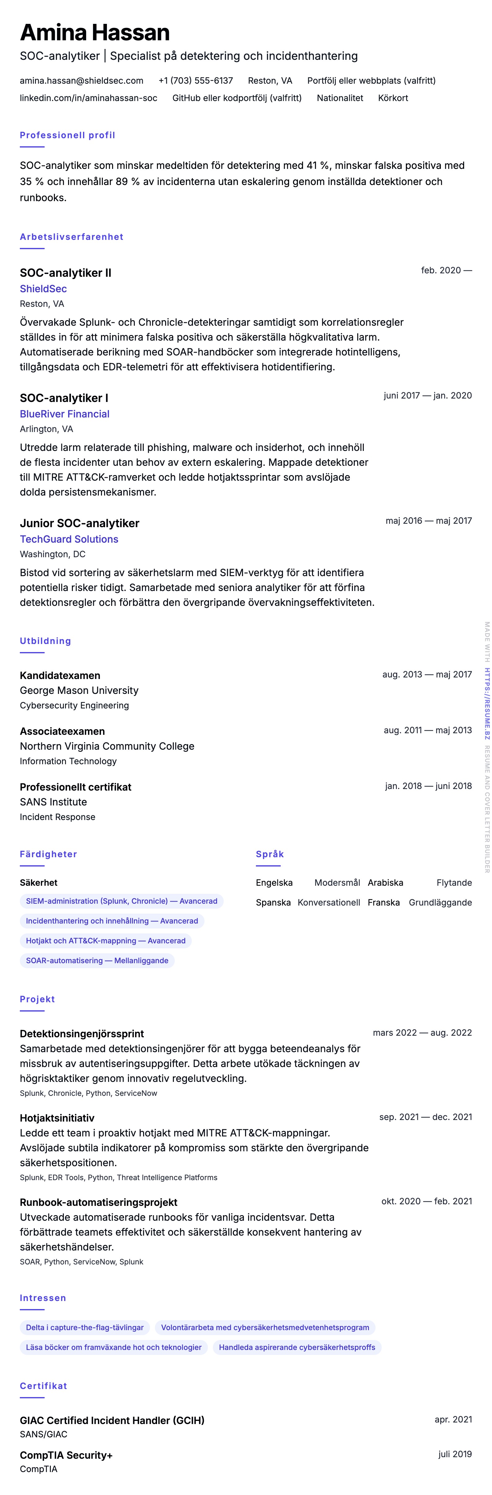 CV-förhandsgranskning för SOC-analytiker CV-exempel
