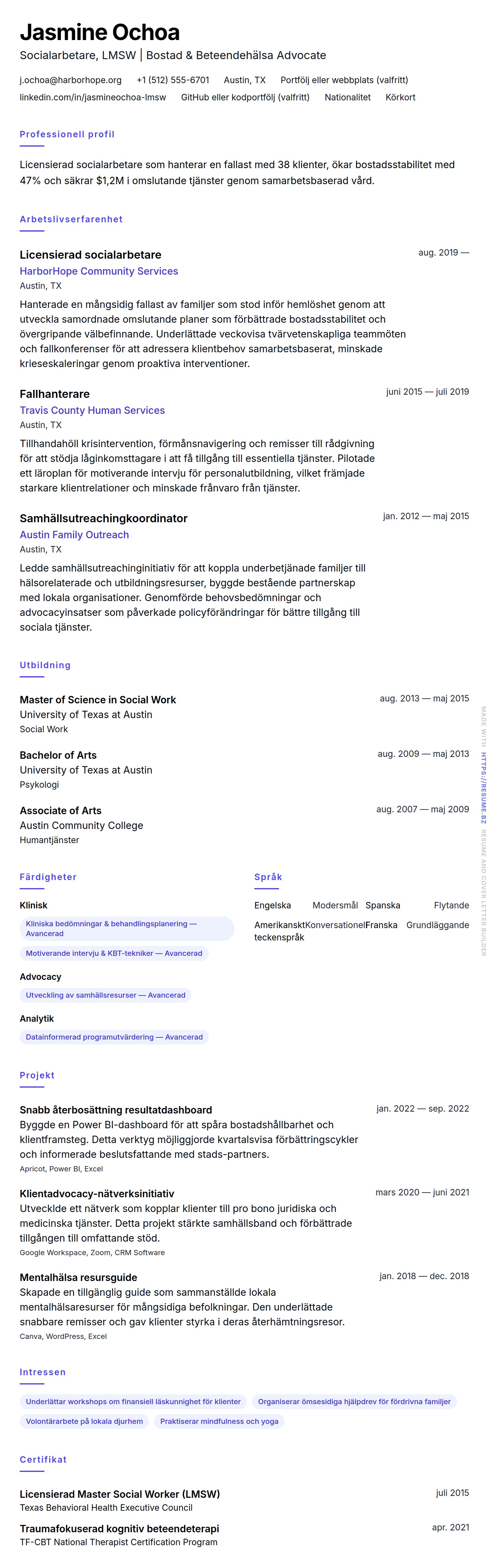 CV-förhandsgranskning för Exempel på CV för socialarbetare