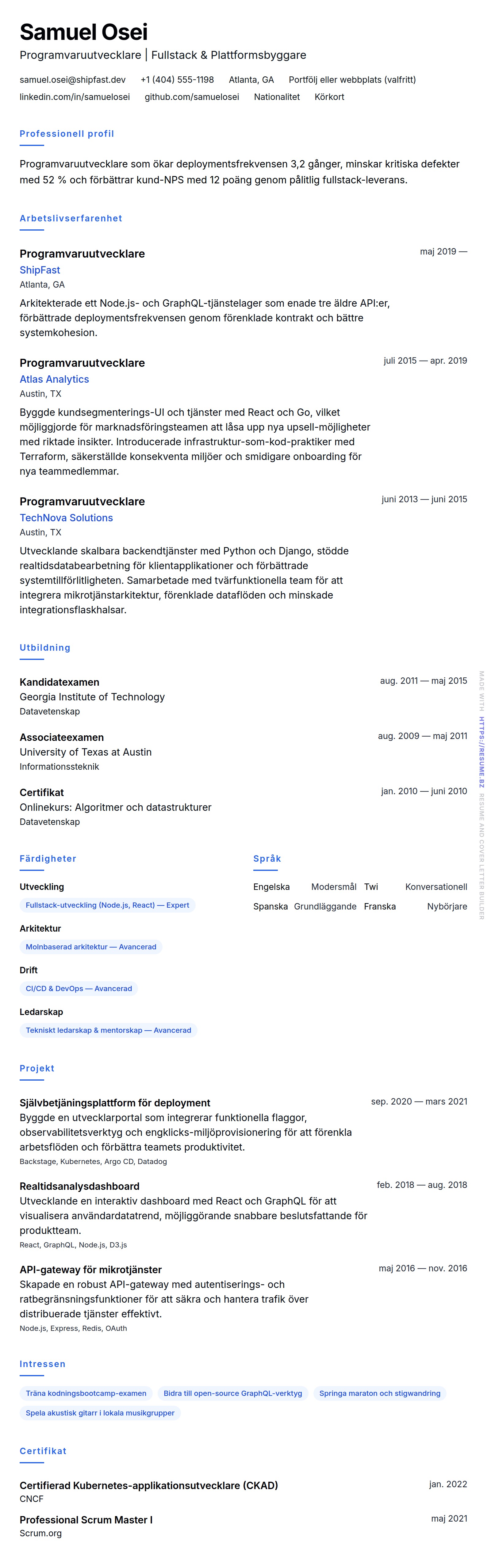 CV-förhandsgranskning för Exempel på CV för programvaruutvecklare