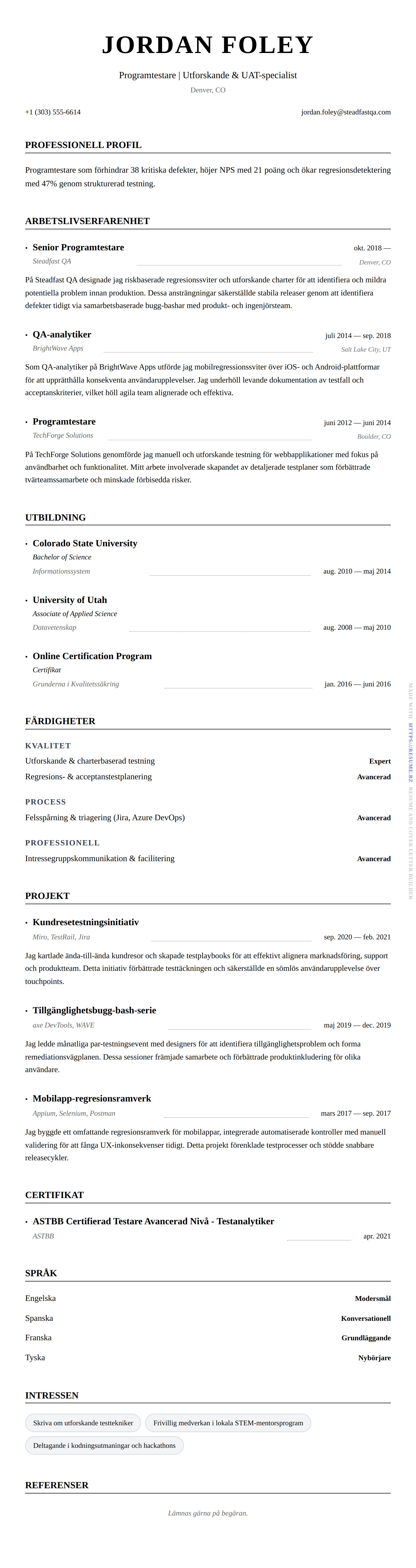 CV-förhandsgranskning för Programtestare CV-exempel