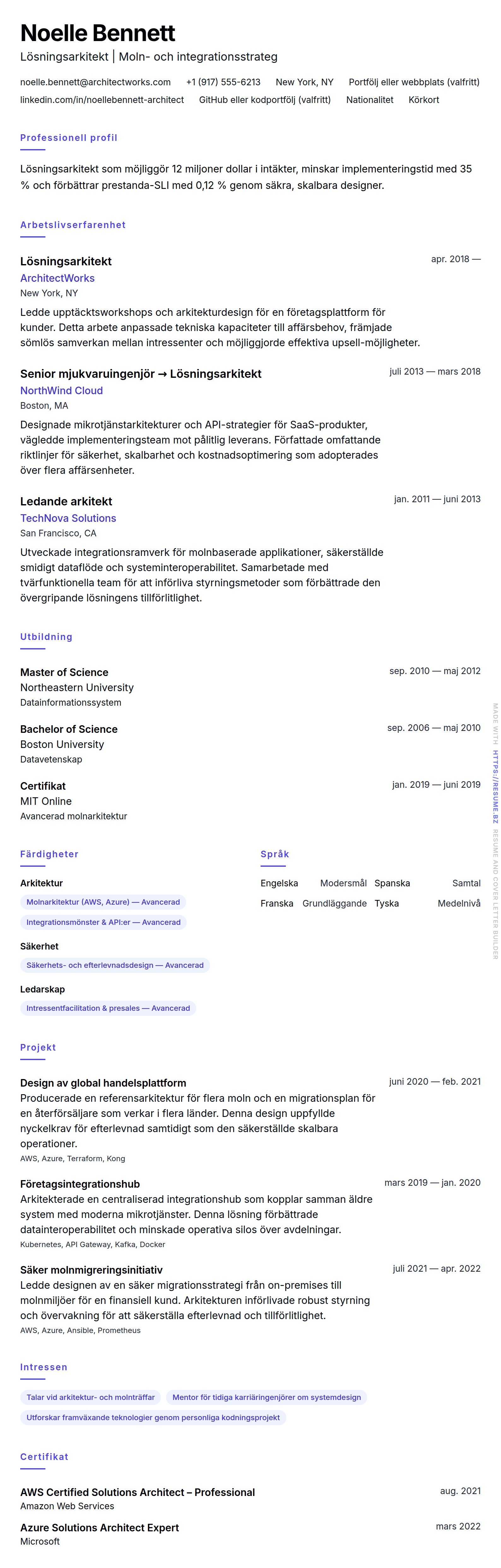 CV-förhandsgranskning för Exempel på CV för lösningsarkitekt
