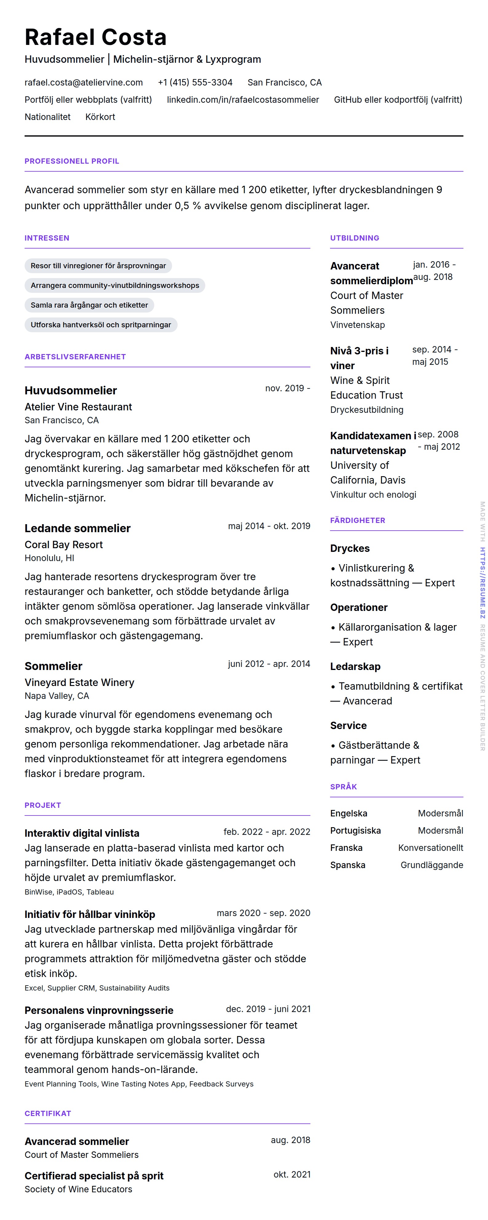 CV-förhandsgranskning för Sommelier CV-exempel