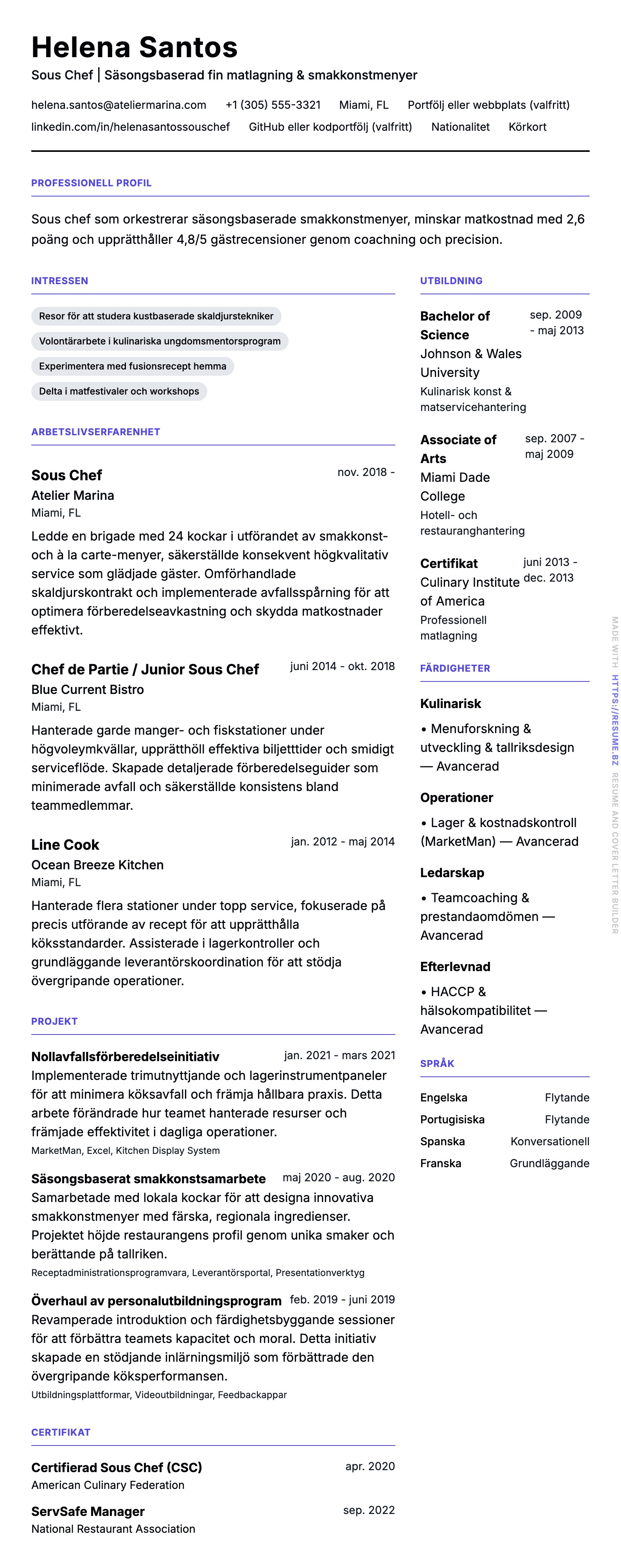 CV-förhandsgranskning för Sous Chef CV-exempel
