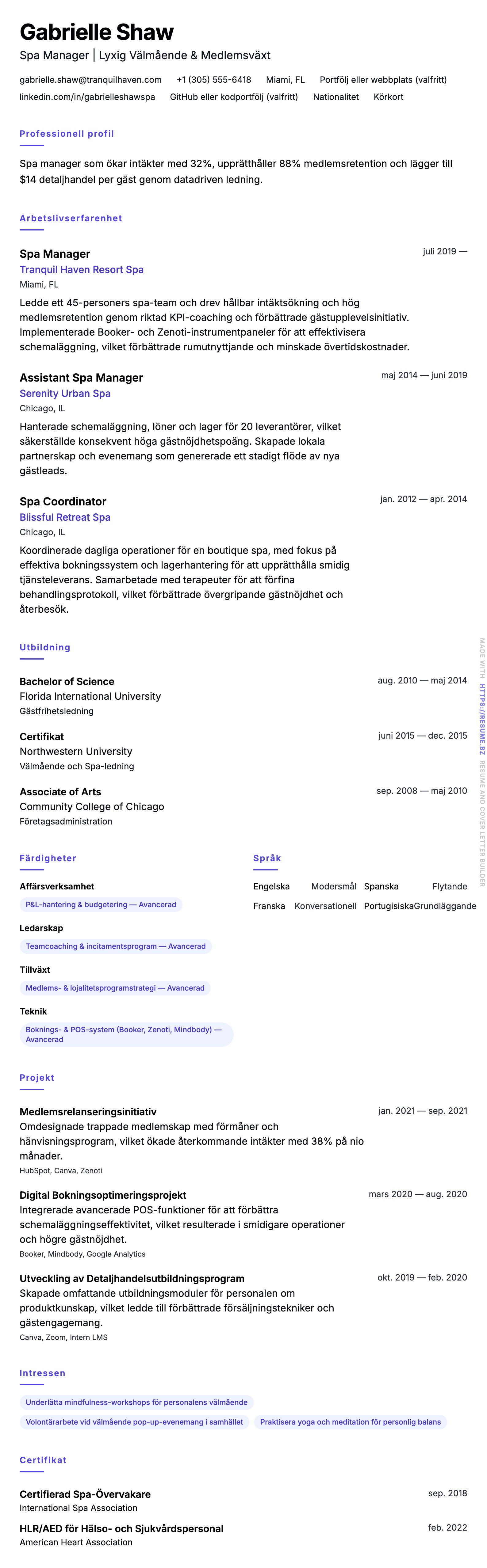 CV-förhandsgranskning för Spa Manager CV-exempel