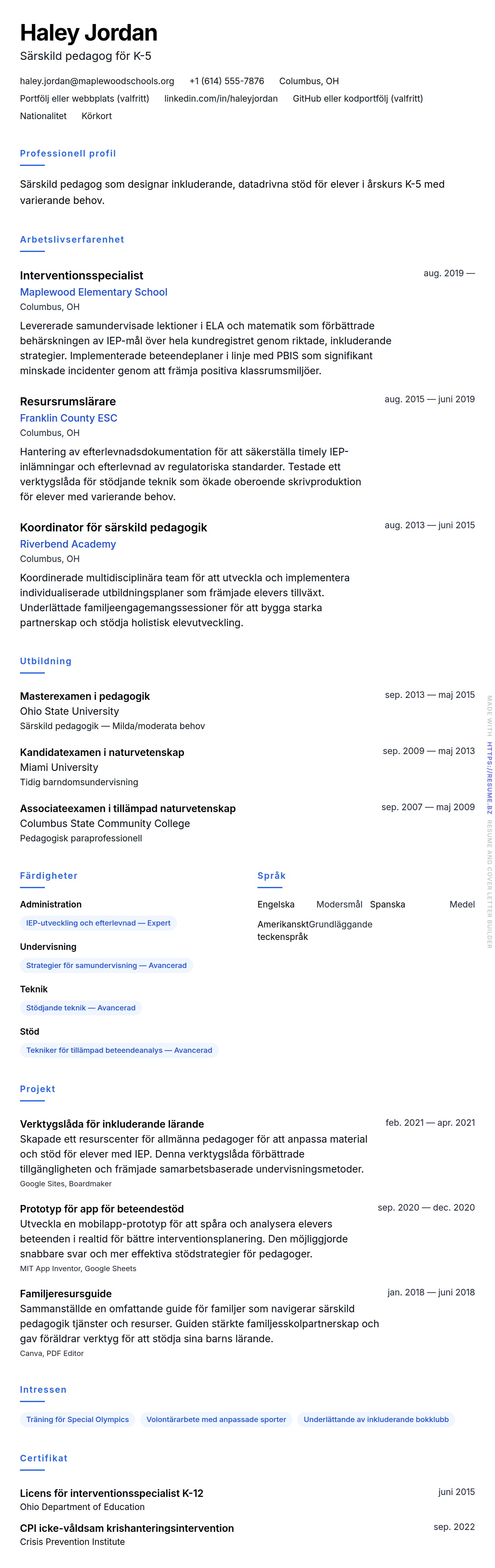 Exempel på CV för särskild pedagog