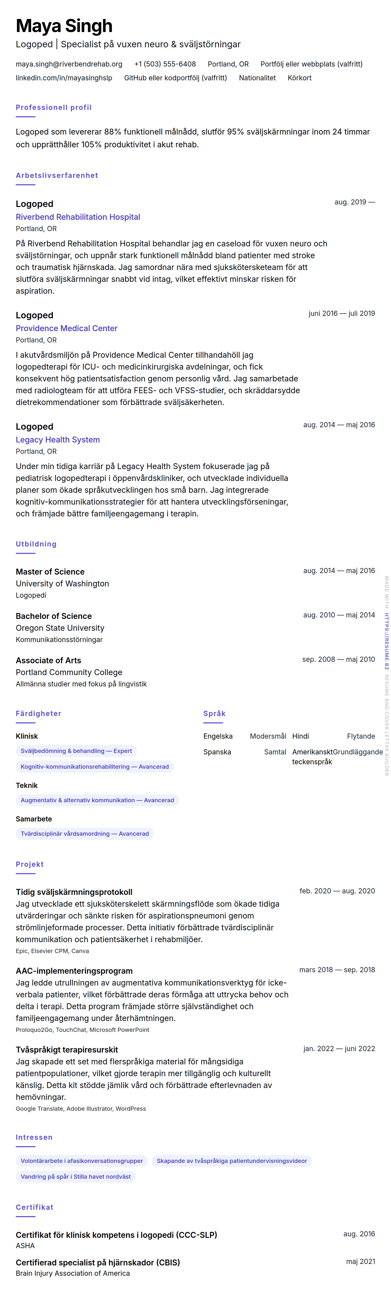 CV-förhandsgranskning för Logoped (SLP) CV-exempel