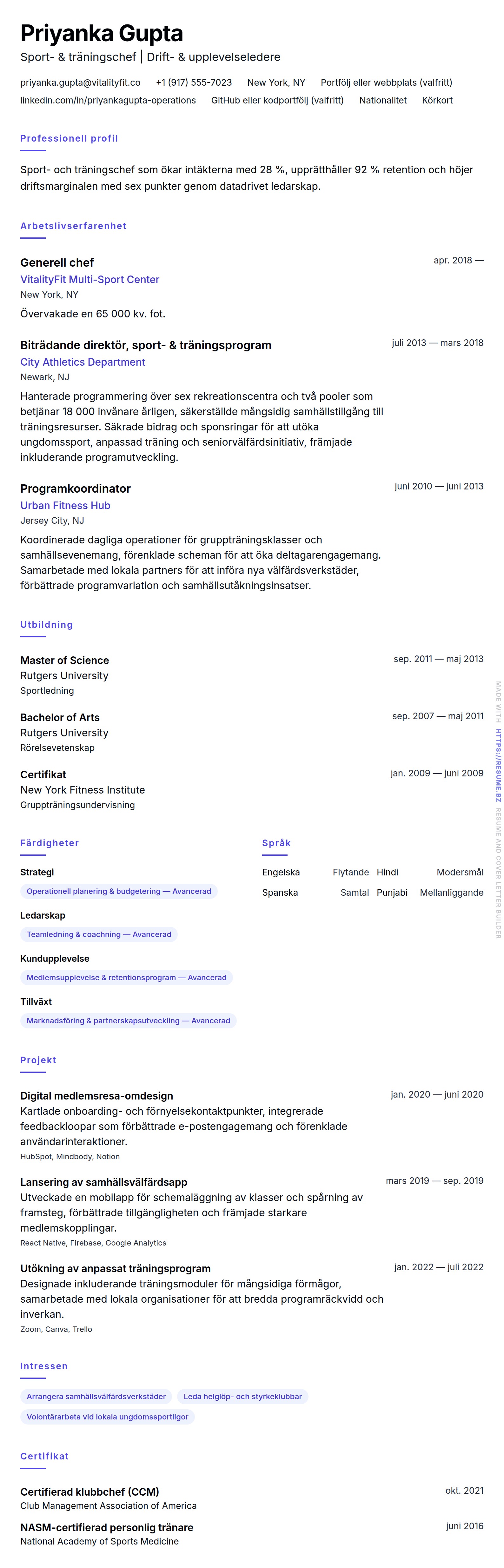 CV-förhandsgranskning för Sport- och träningschef CV-exempel