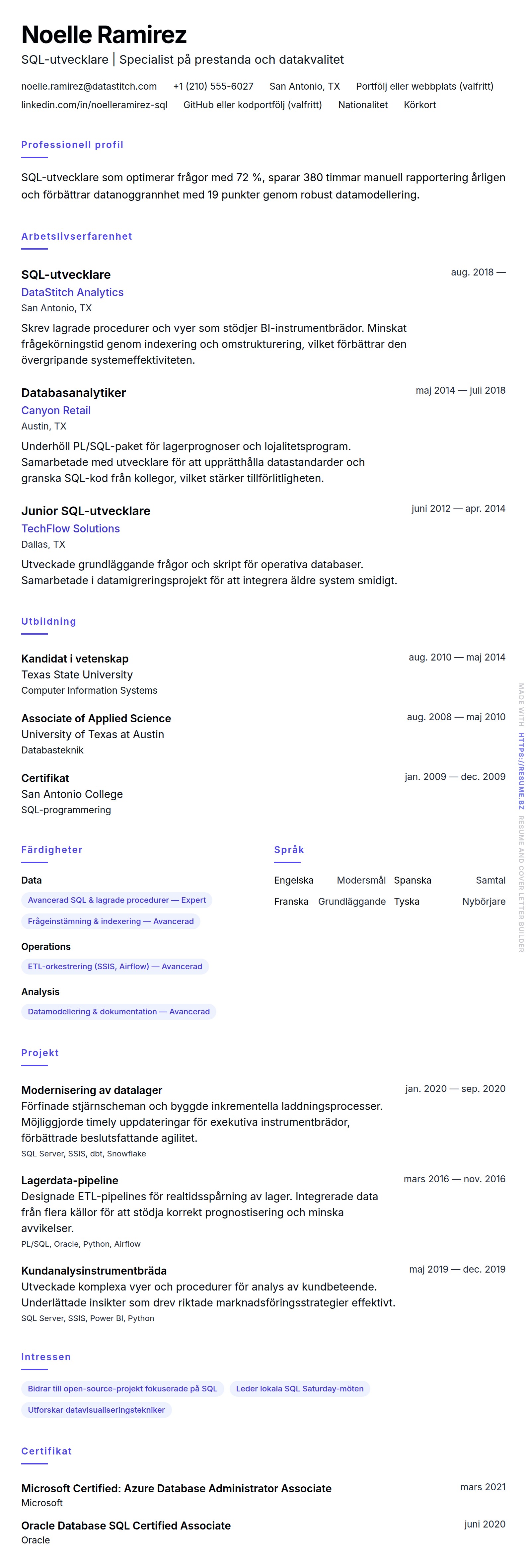 CV-förhandsgranskning för Exempel på CV för SQL-utvecklare