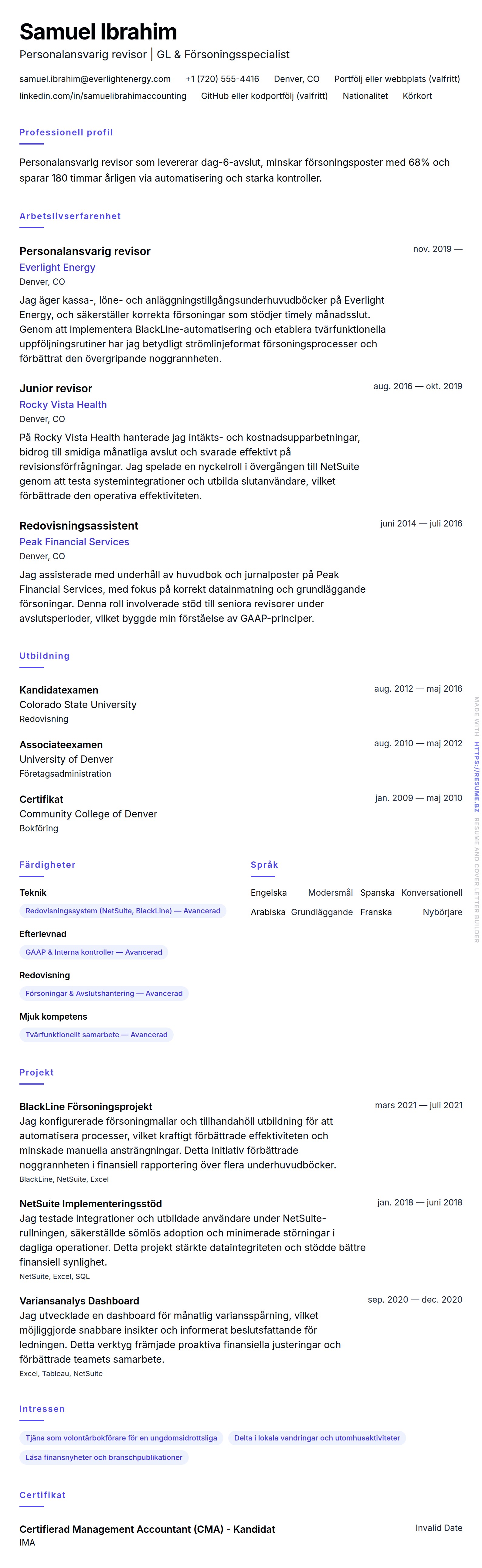 CV-förhandsgranskning för Exempel på CV för personalansvarig revisor