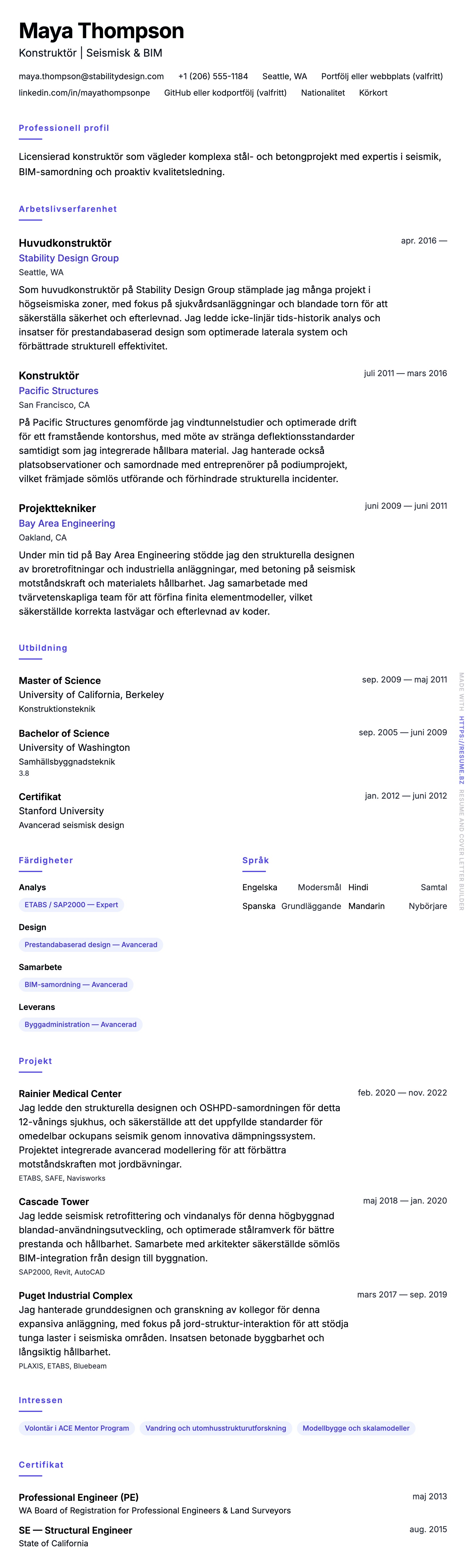 CV-förhandsgranskning för Exempel på CV för konstruktör