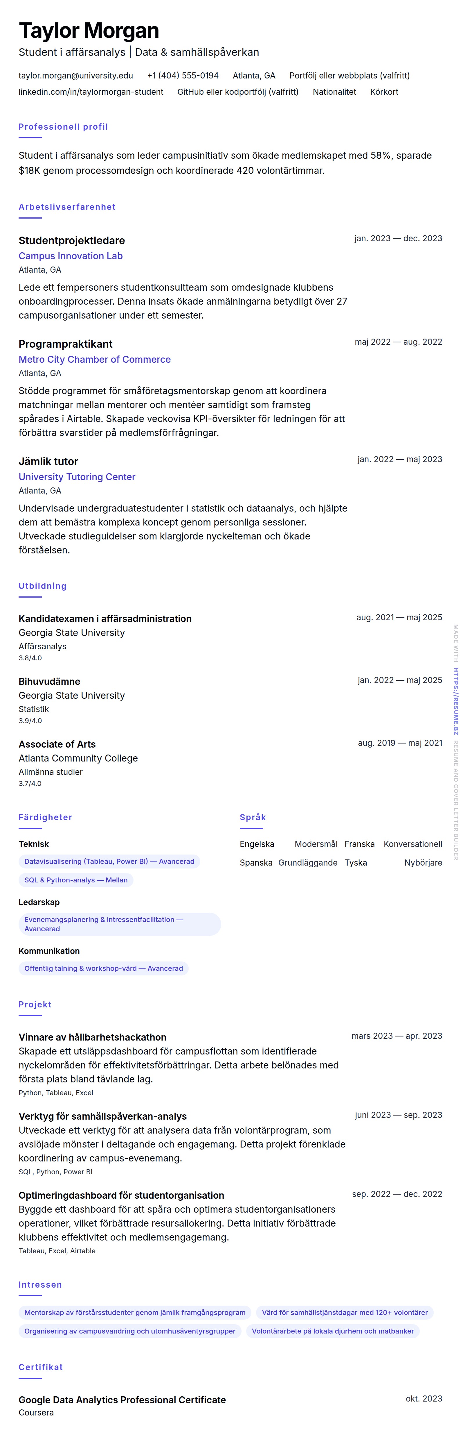 CV-förhandsgranskning för Exempel på student-CV