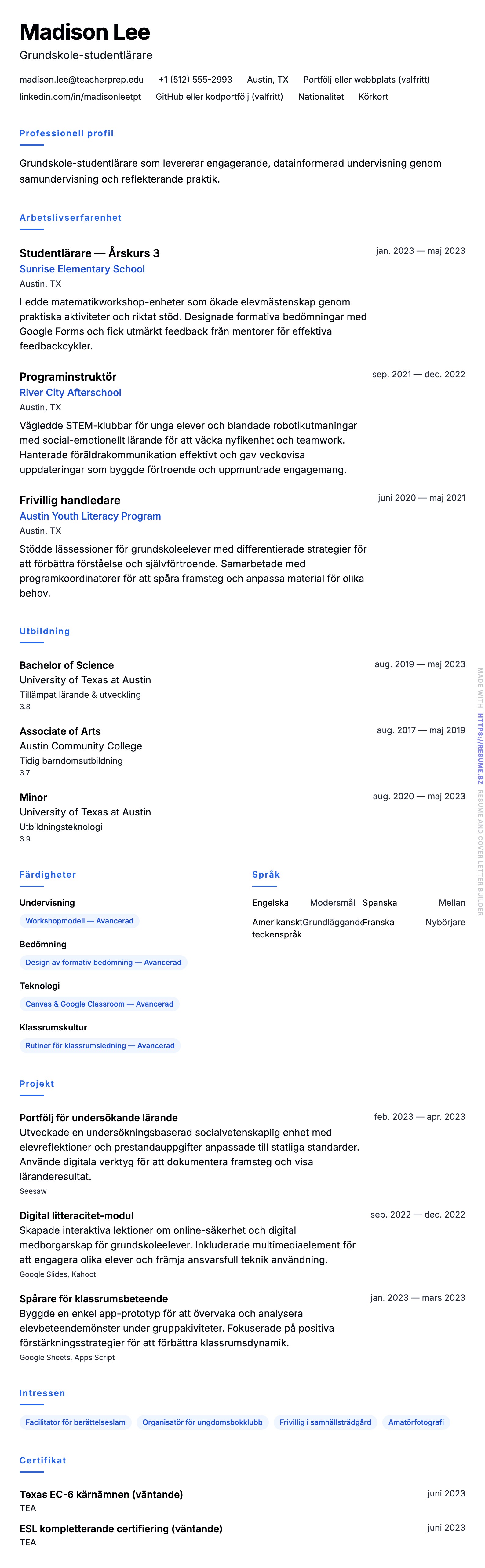 CV-förhandsgranskning för Exempel på CV för studentlärare
