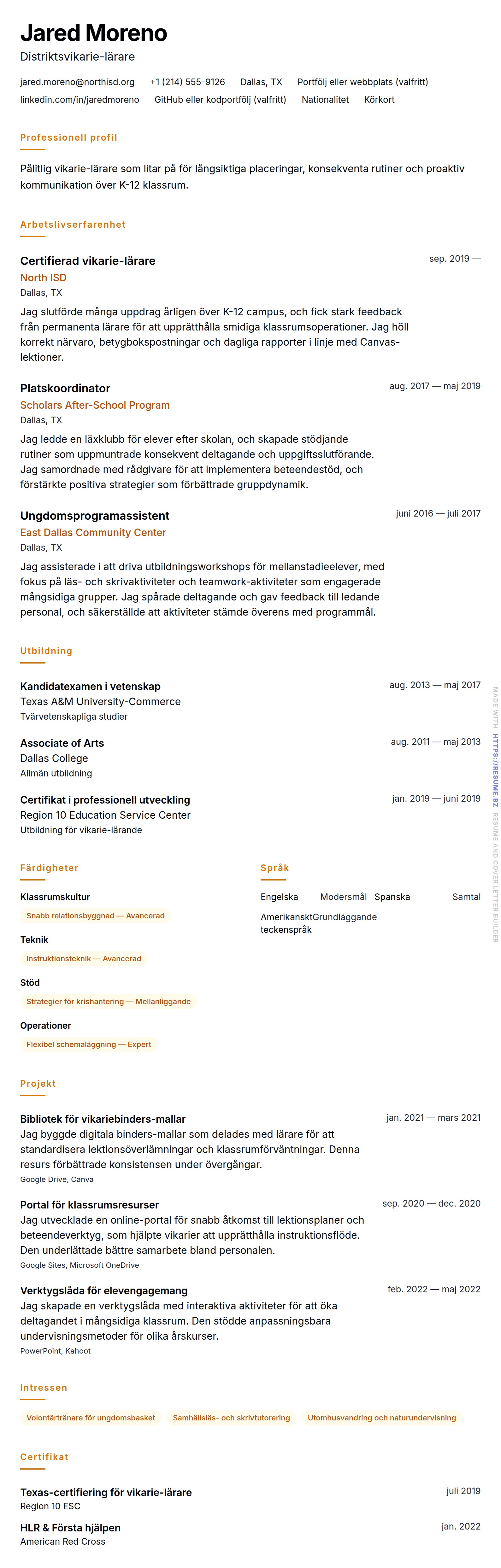 CV-förhandsgranskning för Exempel på CV för vikarie-lärare