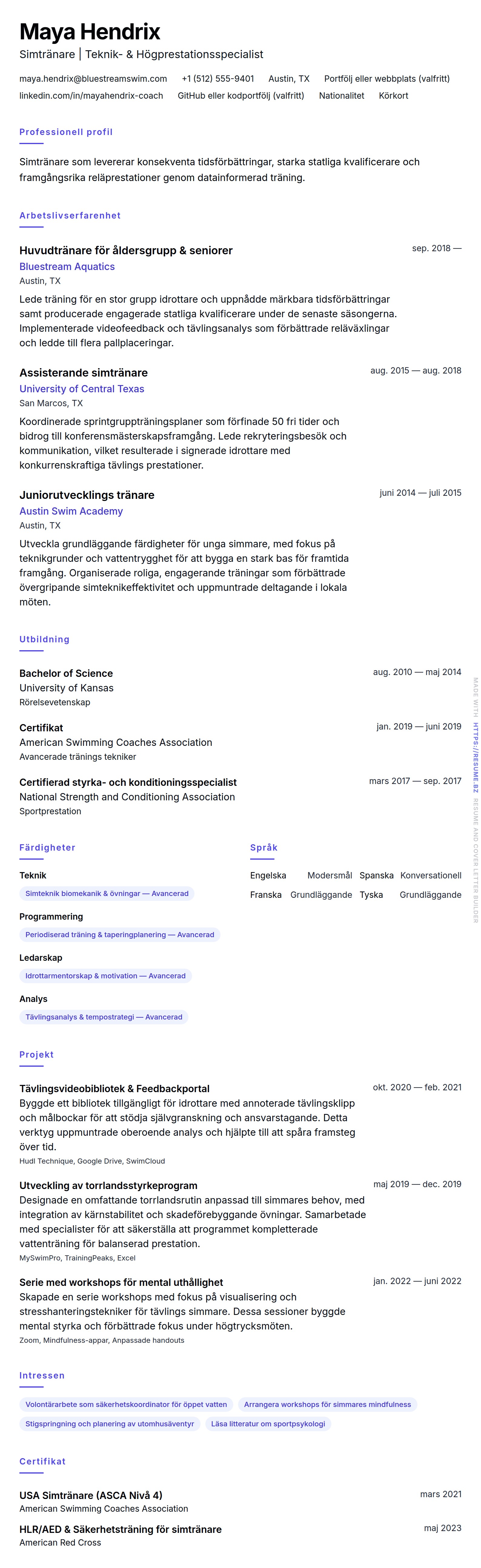 CV-förhandsgranskning för Exempel på CV för simtränare