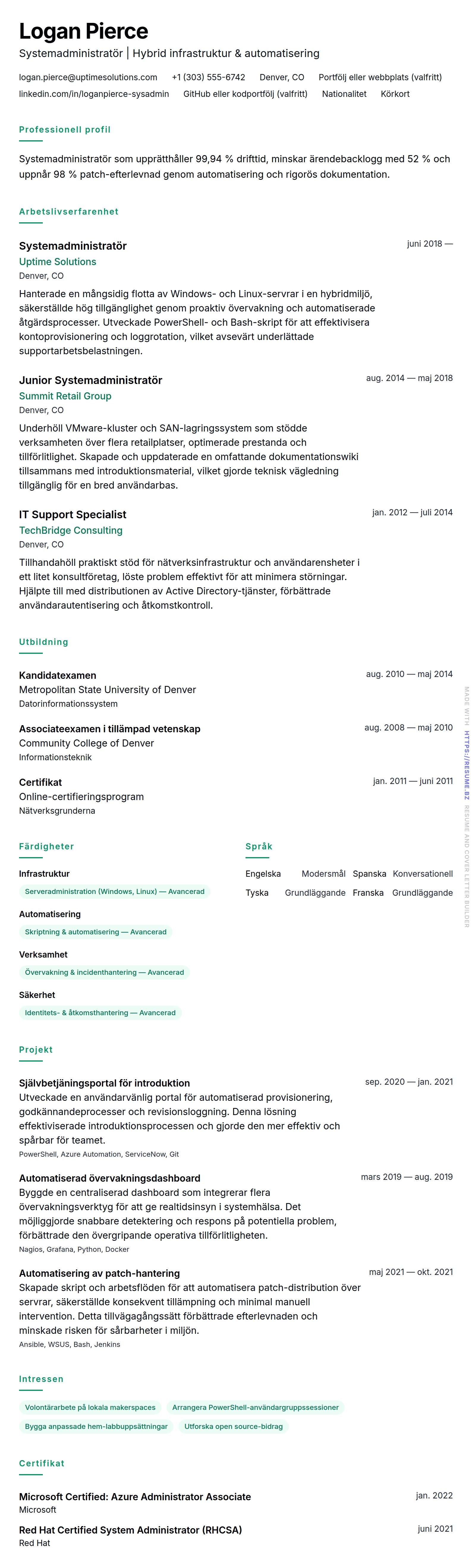 CV-förhandsgranskning för Exempel på CV för Systemadministratör