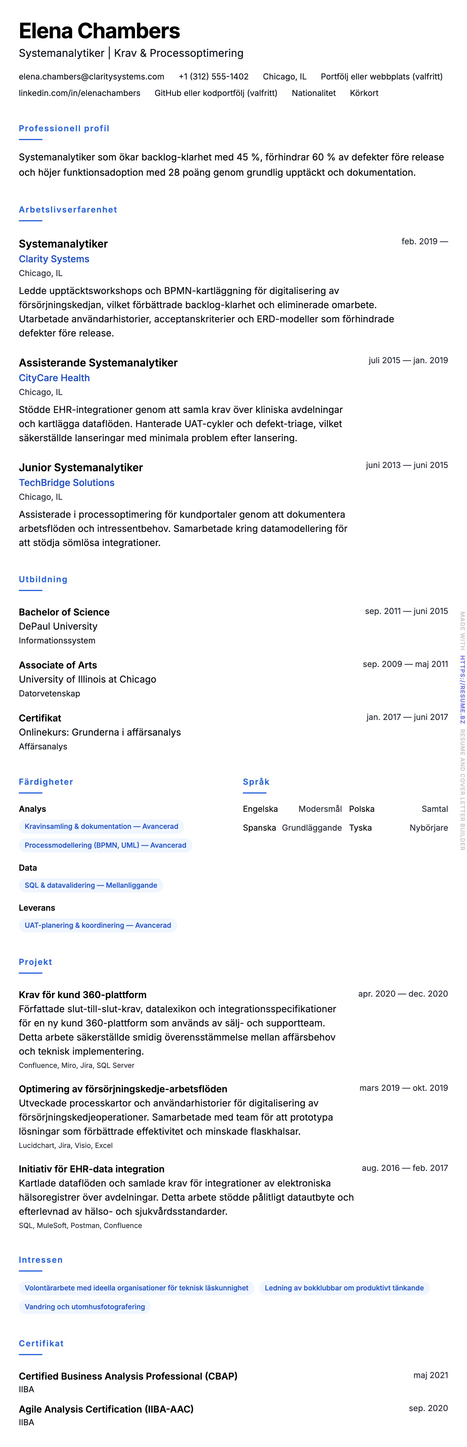 CV-förhandsgranskning för Systemanalytiker CV-exempel