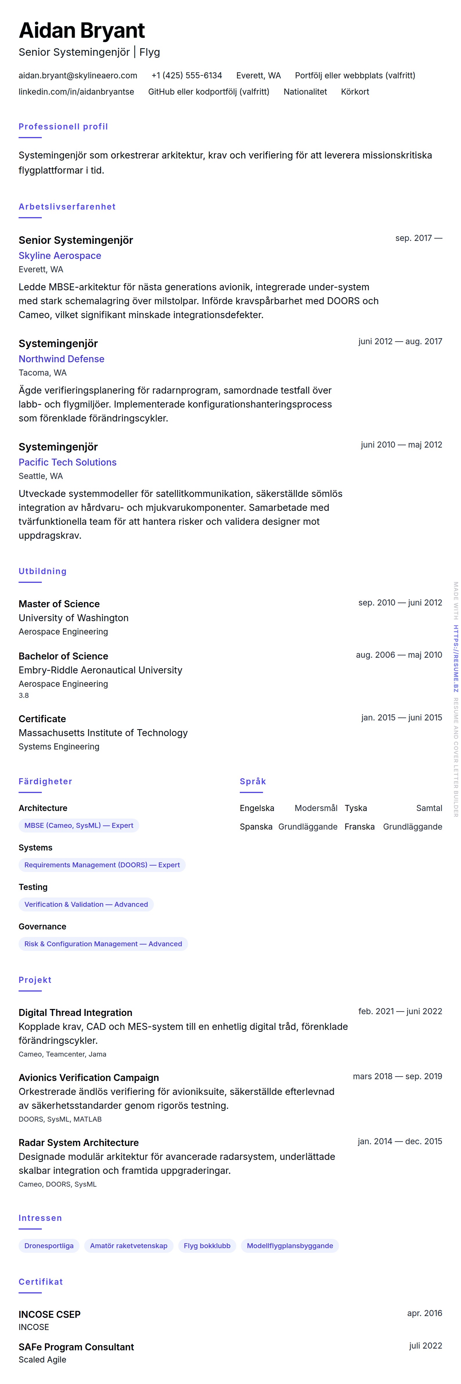CV-förhandsgranskning för Exempel på CV för Systemingenjör